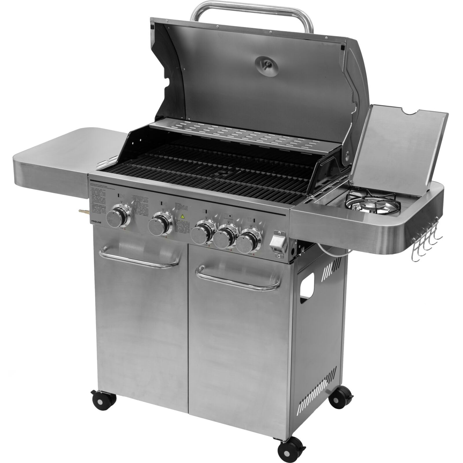 PROLINE Grill Gazowy Nierdzewny 4+1 17,15 kW – Grill Ogrodowy Premium z Rusztem Żeliwnym, Palnikiem Bocznym, Termometrem, Szafką na Butlę 11 kg, 74×44 cm, 48 kg, Zapłon Elektroniczny