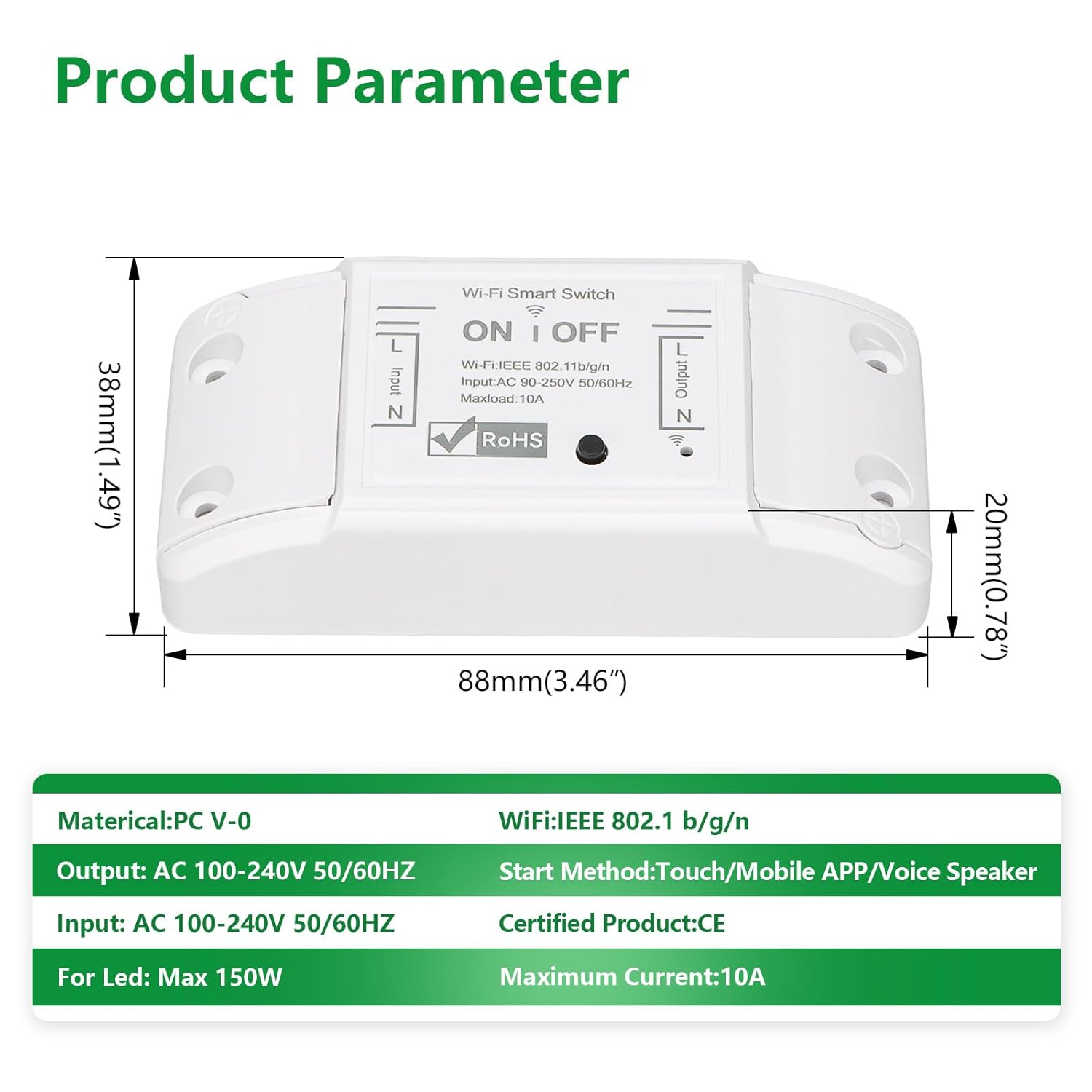 Wengart WiFi Relay Switch, Mini in-Wall Smart Module with Auto-Reconnection,10A Compact DIY Wireless Controller for Retrofitting Lights & Fans,Works with Alexa,Google Home & eWelink App, 2.4GHz White