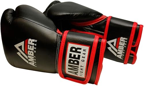 Miniatura 5 de Amber Fight Gear Guantes de boxeo profesionales de cuero con gancho y bucle, guantes de boxeo para entrenamiento de kickboxing, guantes negros de 16
