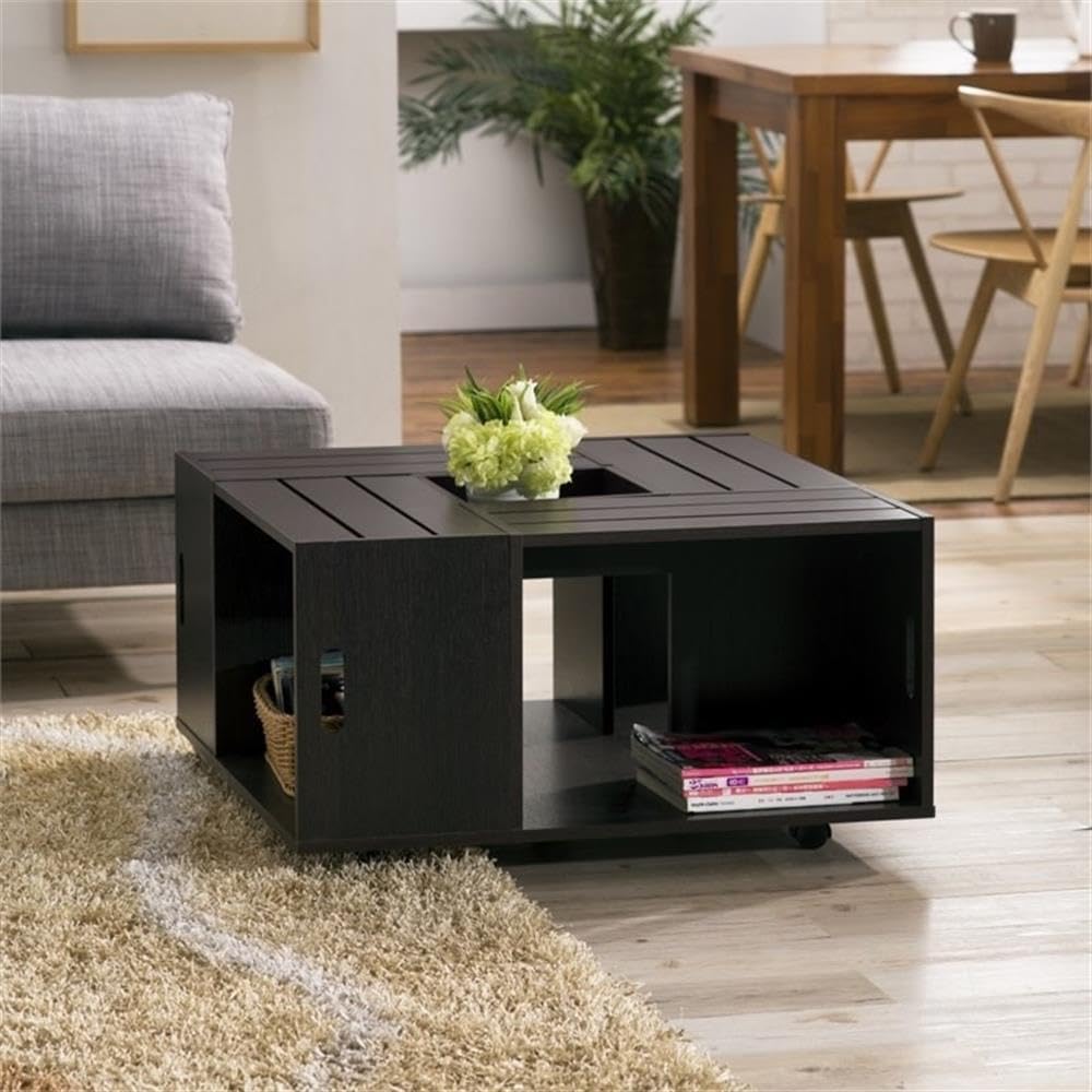 BOWERY HILL Square Modern Wood Coffee Table, Espresso Finish, 31.5" W x 31.5" D x 16.93" H, 4-Shelf Faux Crate Style with Slatted Top, Distressed Design, Living Room Functional Storage Table