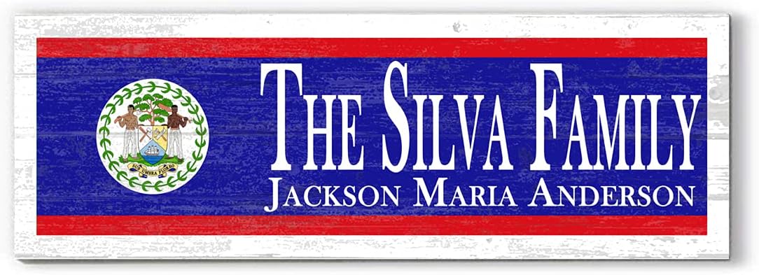 Wooden Belize Flag Sign - Custom Family Names - Personalized Heritage Plaque - 16.5in x 5.5in - Solid Wood
