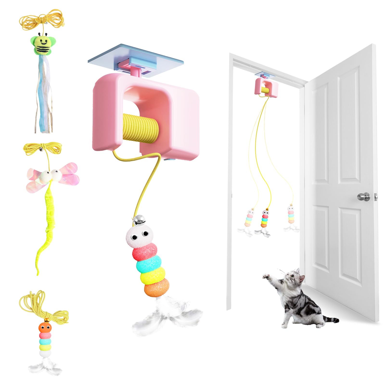 Iriisy Interactive Cat Toys for Indoor Cats Adult Kitten Automatic USB Rechargeable Door Hanging Retractable Feather & Bell Prey Teaser Electric Cat Enrichment Toys for Self-Play Exercising (Pink)