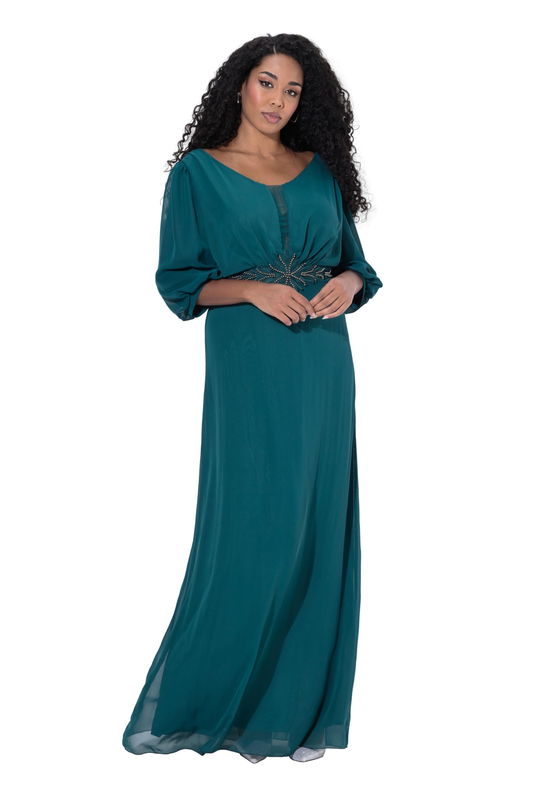 Ulla Popken Damen große Größen Übergrößen Plus Size Chiffon-Maxikleid, doppellagig, V-Ausschnitt, 3/4-Arm 844407