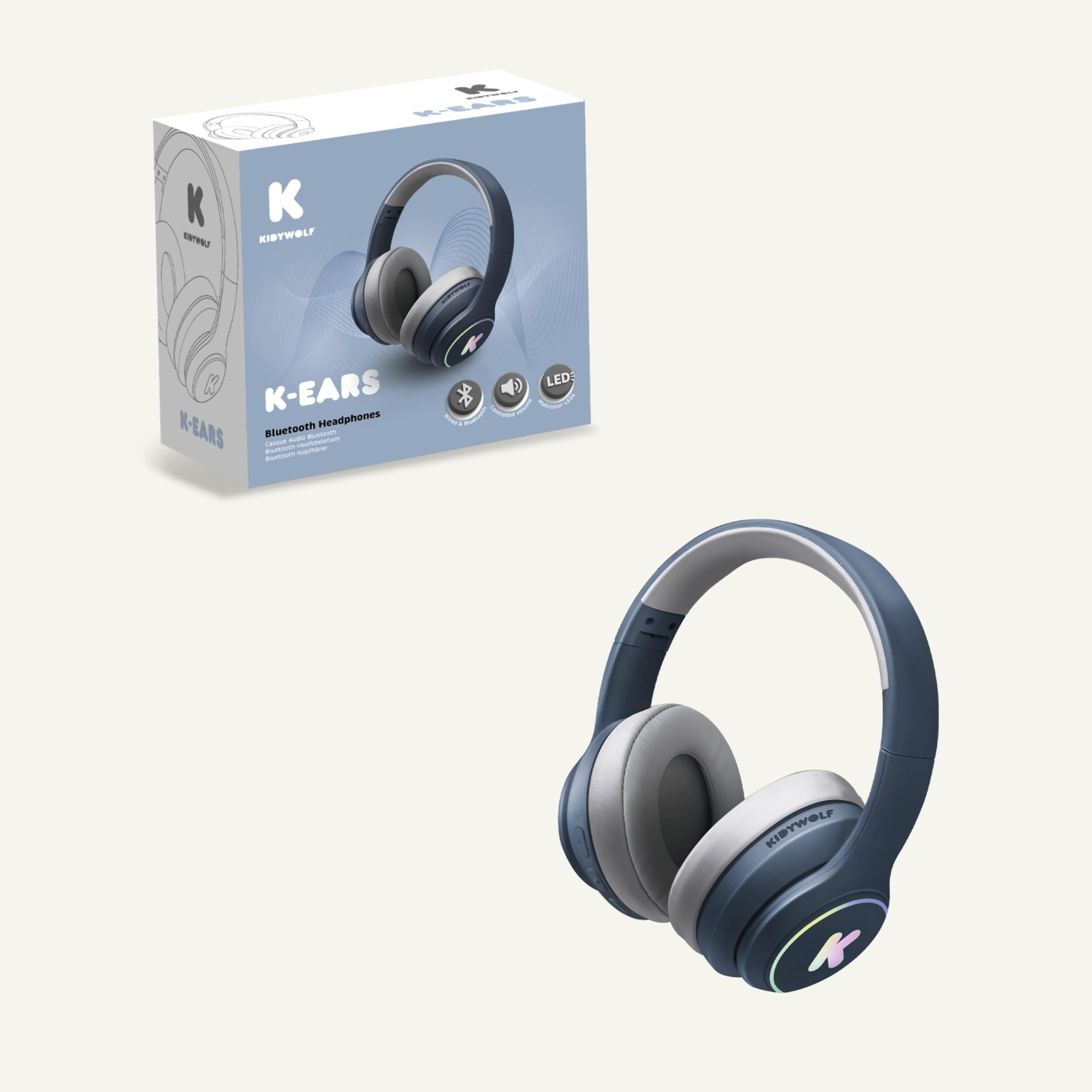 KIDYWOLF - K-Ears Bleu - Casque Audio Ado Bluetooth LED 85 DB 8ans+