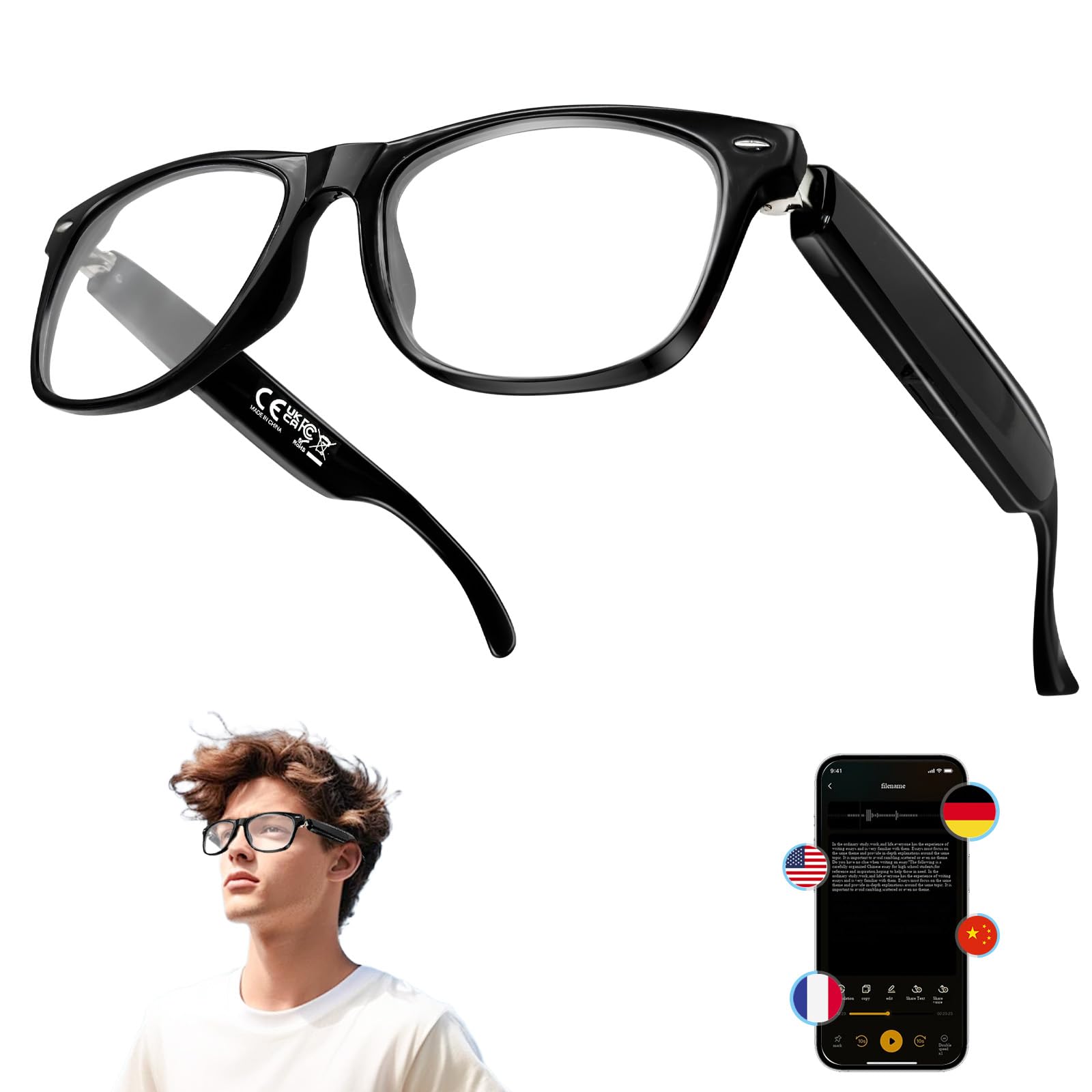 AI Smart Glasses for Men Women - Bluetooth 5.4 with Chat GPT, Blue Light Filtering Lenses, Translation Glasses with 144 Languages & Accents for Travel Meeting Business, Black-picture-36