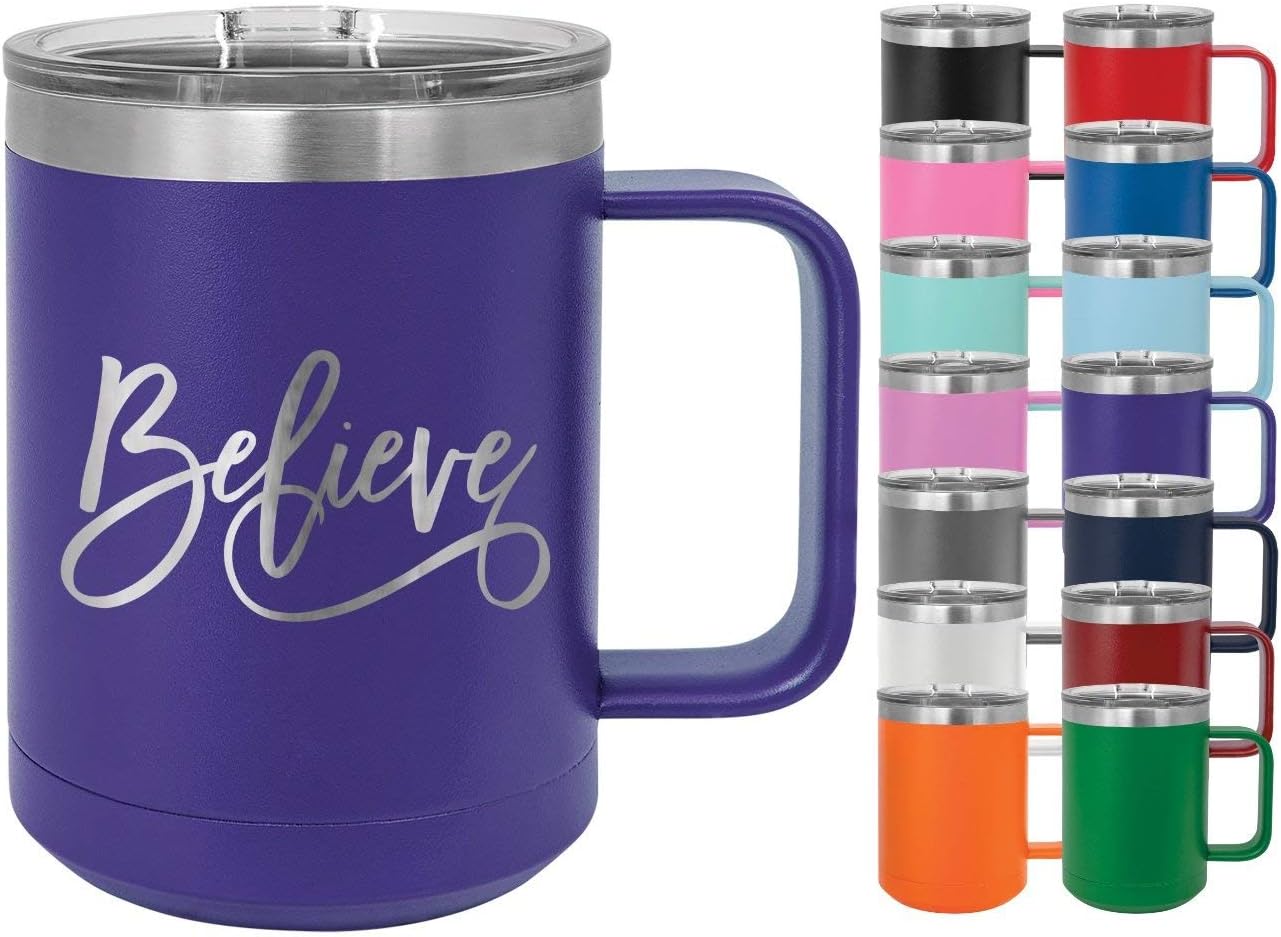 Believe - 15oz Powder Coated Mug with Lid - Inspirational Coffee Mug with Bible Verse Engraved Coffee Cup