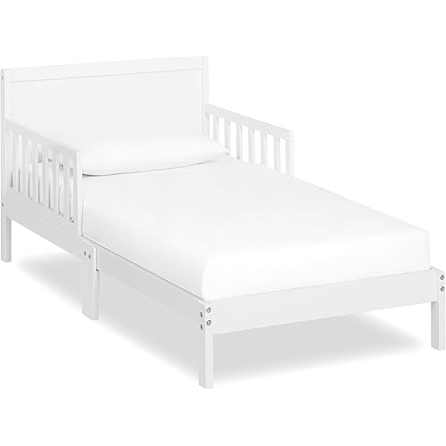 Dream On Me Brookside Wooden Toddler Bed in White, Greenguard Gold & JPMA Certified, Kids Bed with Safety Rails, Low-to-Floor Design, Non-Toxic Pinewood Finish