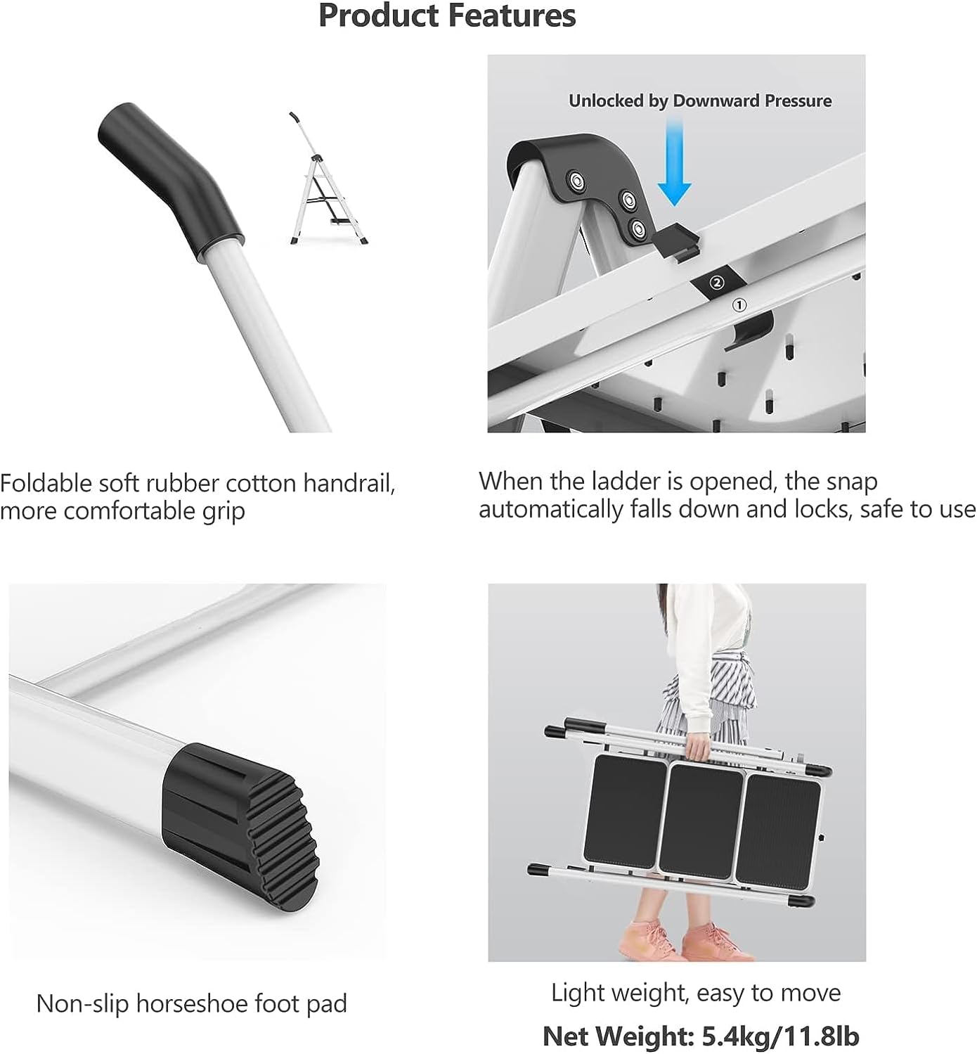 Folding Ladder Carbon Steel Loft Ladder with Folding Handle and Non-slip Step Ladder 4 Steps Stool for Home and Outdoor Work