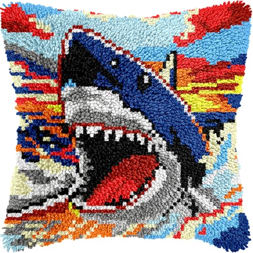 Image of veirousa Shark Latch Hook Kits for Adults, Beginners DIY Hooked Throw Pillow Kit Pre-Printed Pillowcase Hook and Latch Rug Kits Cross-Stitch Cushion Cover for Home Sofa Decoration 17x17 inch