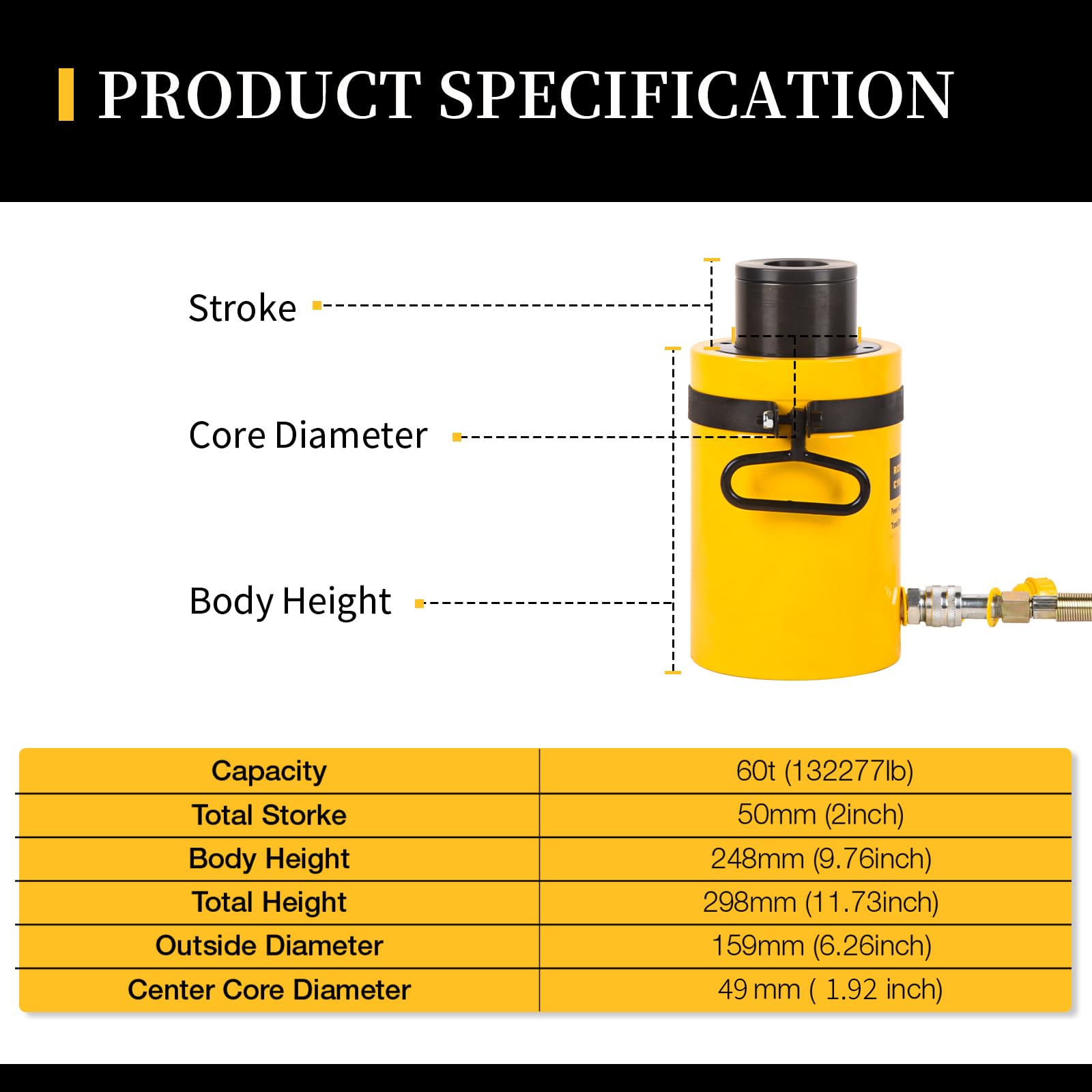 60T 5.1 cm Stroke Hollow Hydraulic Ram Cylinder Jack RCH-6050 Single Acting Lifting Cylinders Chowany Automatycznie Szybkie złącze Gniazdo zasilania Porta do przemysłu stoczniowego, maszyn i
