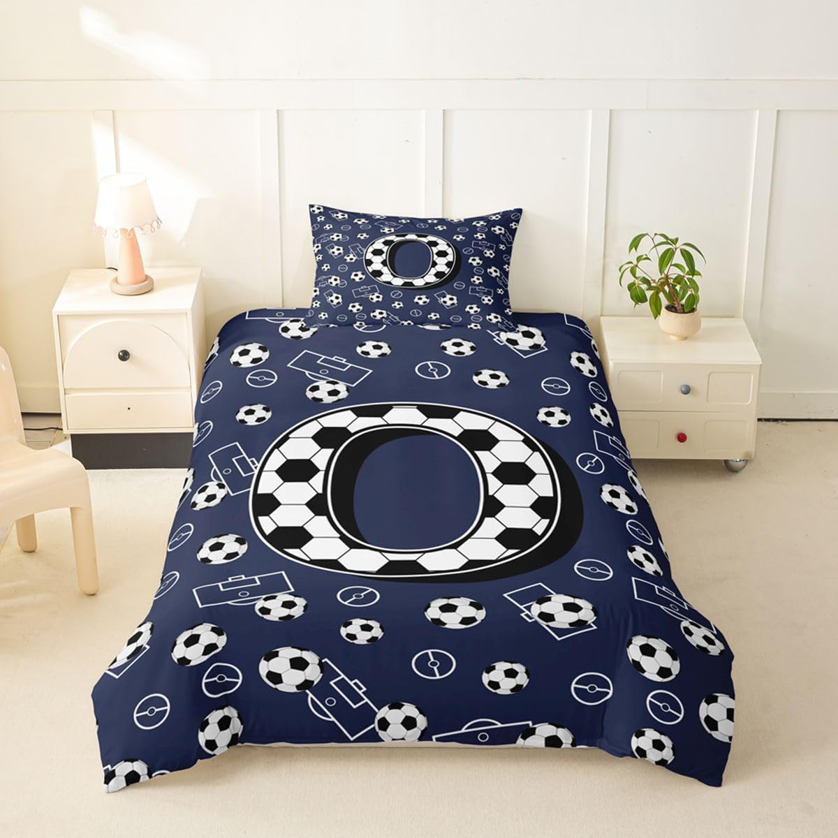 Erosebridal Alphabet Letter Soccer Duvet Cover Twin Modern Football Personalized Initial O Bedding Set Ball Sport Gaming Room Decorative Comforter Cover,Monogrammed Soccer Court Bed Set image 3