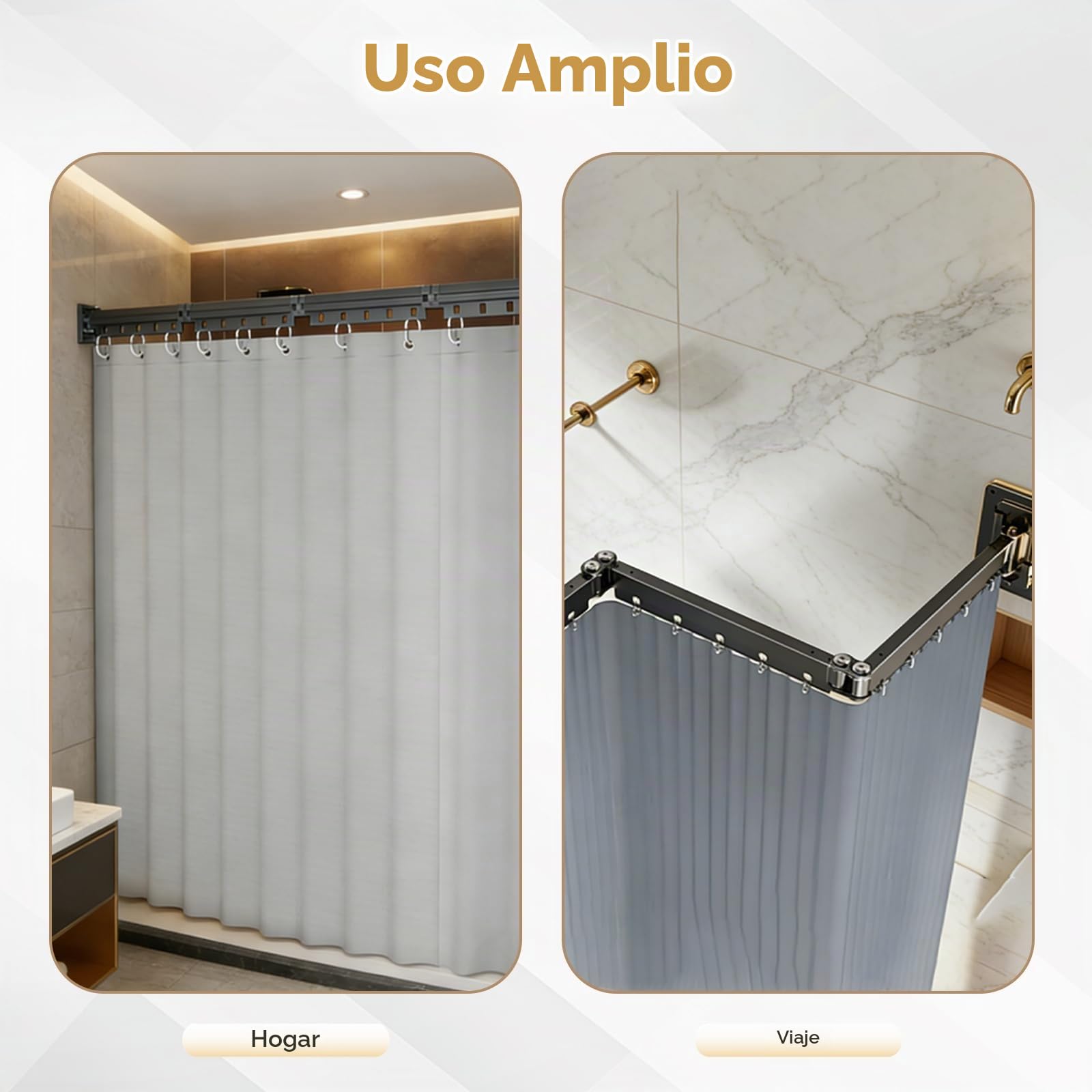 Barra de cortina de ducha plegable con ventosa, plegable en 5 secciones, giratoria, para montaje en pared, barra de cortina de ducha para esquinas, aleación de aluminio, 180 x 200 cm, impermeable y an