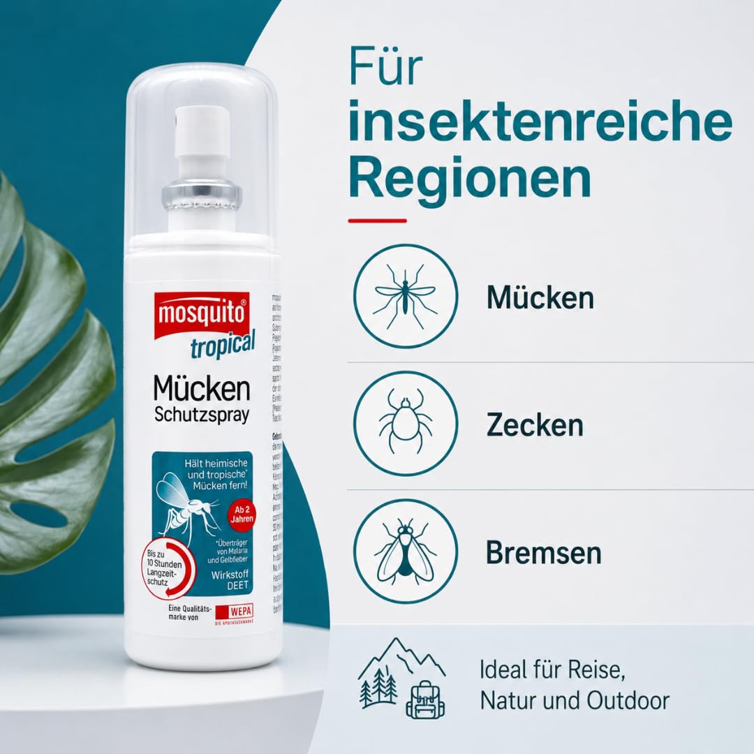 Mosquito tropical Mücken-Schutzspray 100 ml I Insektenschutz mit 50% DEET I für Reise & Outdoor I bis zu 10 h Schutz I für tropische & subtropische Regionen I mit Pharma Perle Duschgel (3, 100ml)