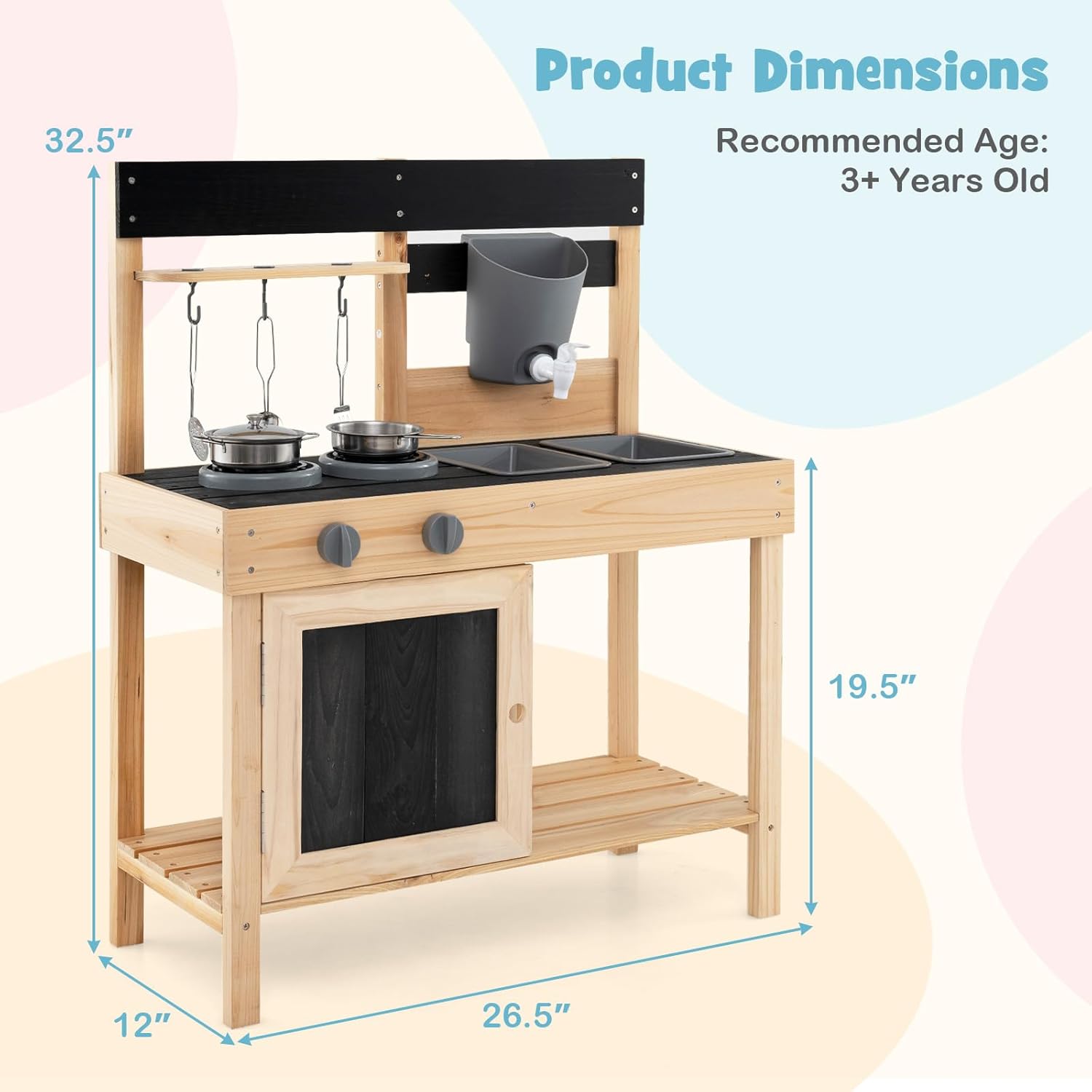 HONEY JOY Fir Wood Outdoor Play Kitchen for Toddlers, Realistic Faucet & Water Tank, Stoves, Sink, Storage Shelf, Outside Kitchen Playset, Mud Kitchen for Kids Outdoor Backyard