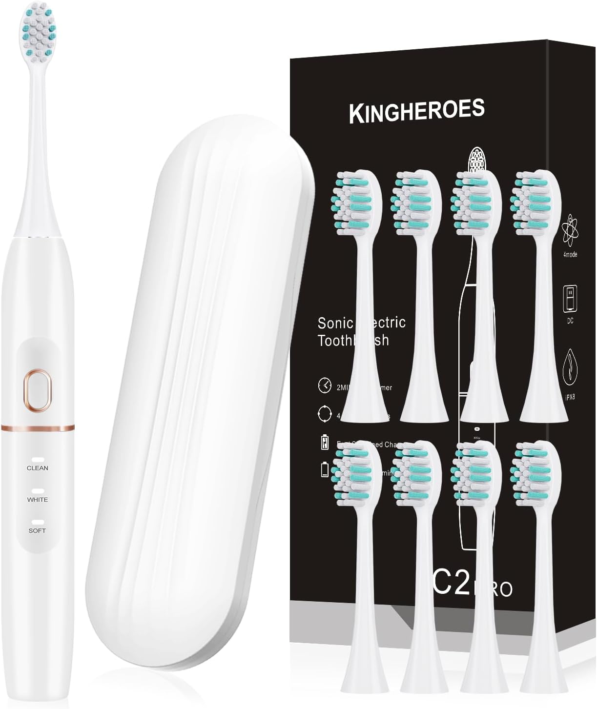 Sonic Electric Toothbrush with 8 Brush Heads & Travel Case，4 Modes, One Charge for 60 Days, 42000 VPM Motor，White Electric Toothbrush Set