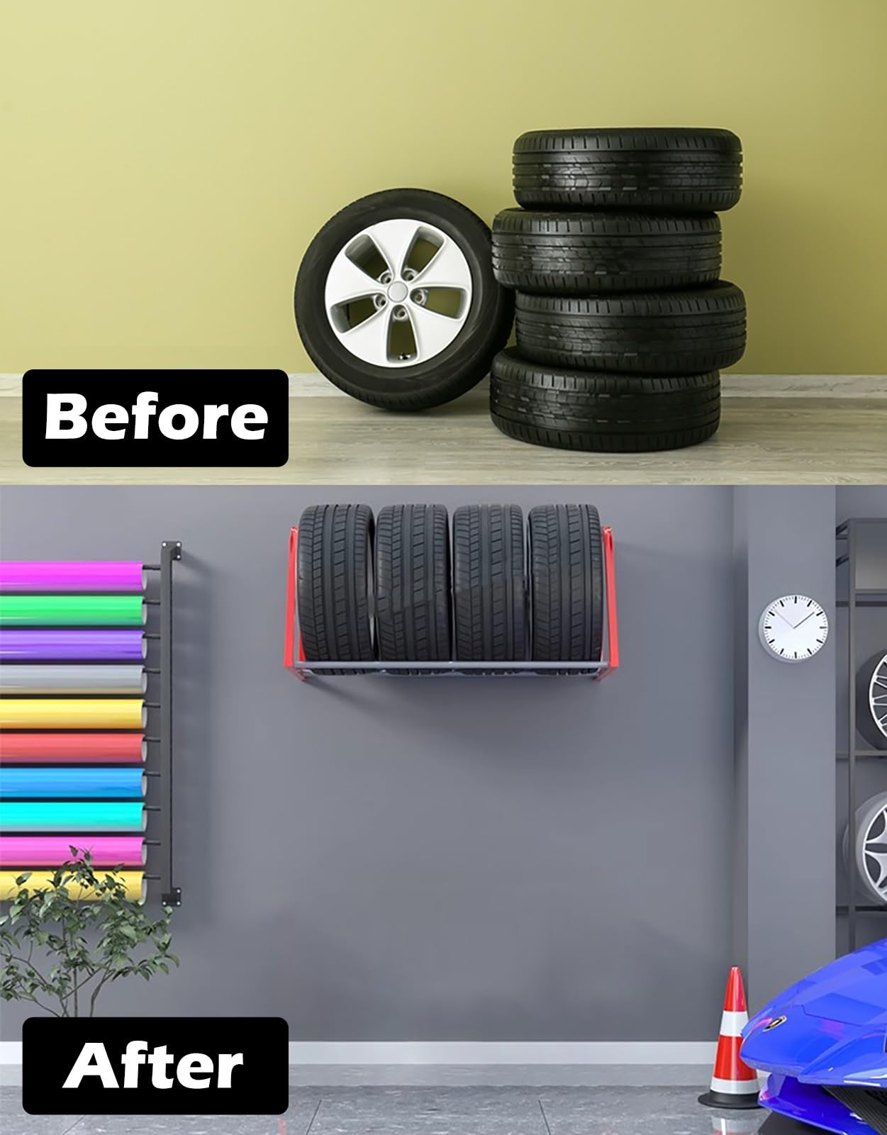Porta Gomme Auto da Garage Supporto per Pneumatici da Parete, Contiene 4 Pneumatici, Ripiano per Cerchi/pneumatici per Garage, Supporto per Ruota di Scorta in Acciaio, Espositore per Pneumatici per Au
