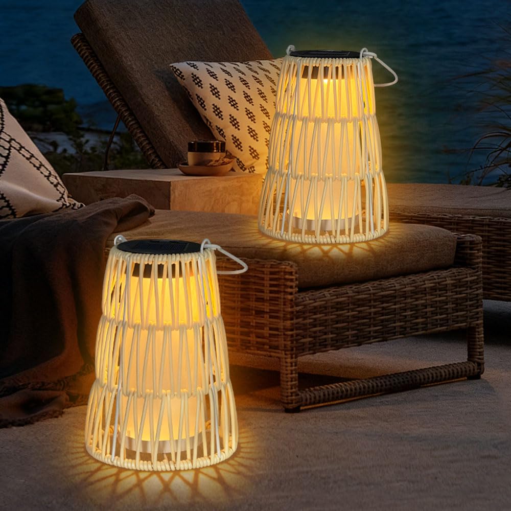 Farolillos Solares Exterior Jardin,2 Ratán Lampara Solar Exterior,IP65 Impermeable Faroles Solares Colgantes,Solar Lights Outdoor,Luces Solares LED Exterior Jardin Decoración para Terraza Balcón Patio