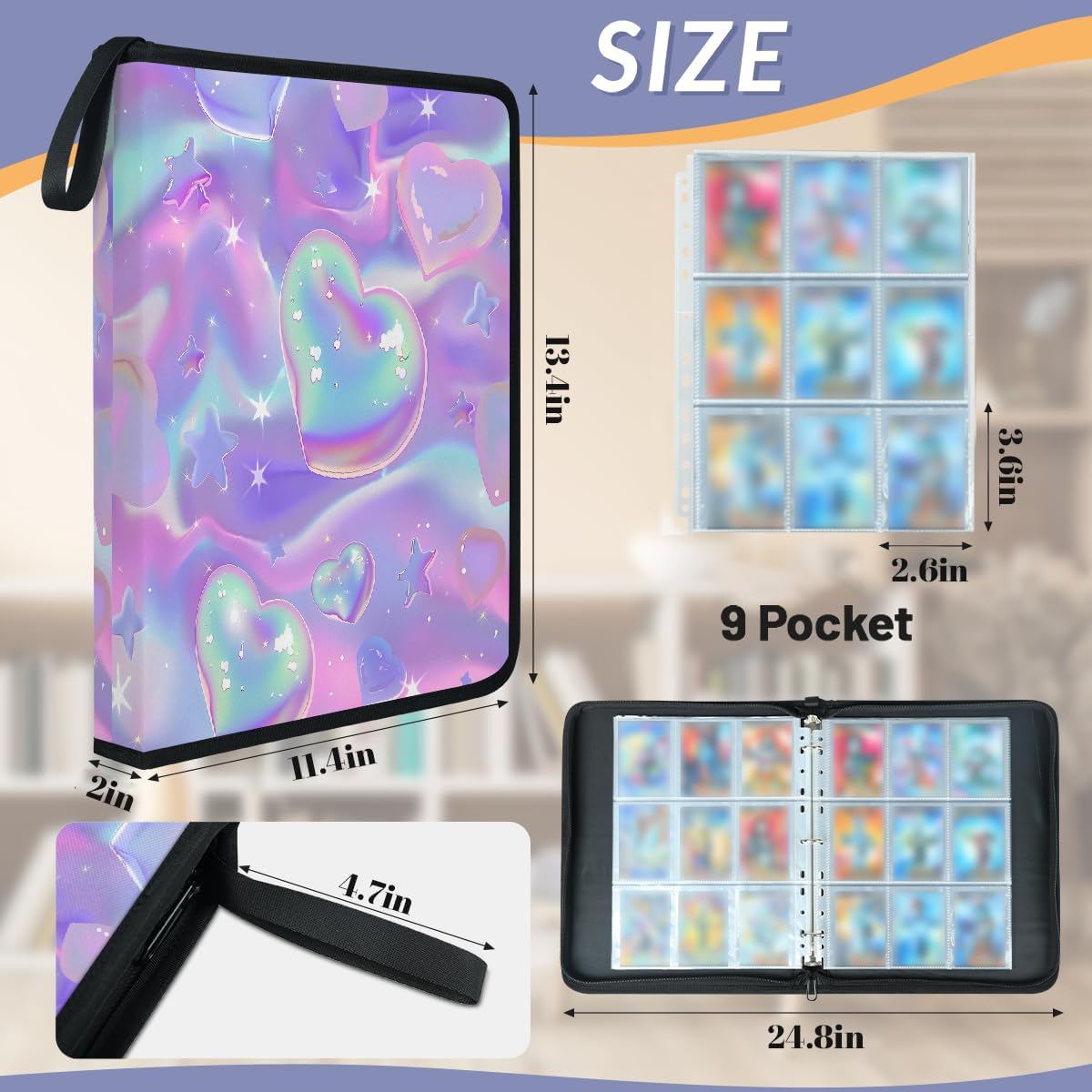 Card Binder Iridescent Love Heart Stars Pattern 9 Pocket Trading Card Holder 900 Pockets with 50 Removable Sleeve Waterproof Album Book Storage for Cards