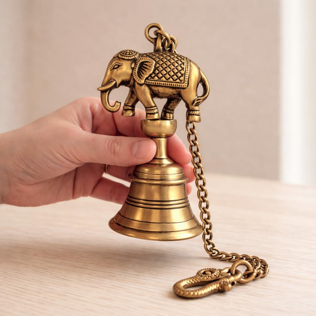 ExclusiveLane 'Sacred Elephant' Brass Decorative Hanging Bell (100% Pure Brass, Set of 2, 63.6 Cm, 1.1 Kg, Hand-Etched) | Brass Bells for Mandir Hanging Bells for Pooja Room Temple Bells for Mandir