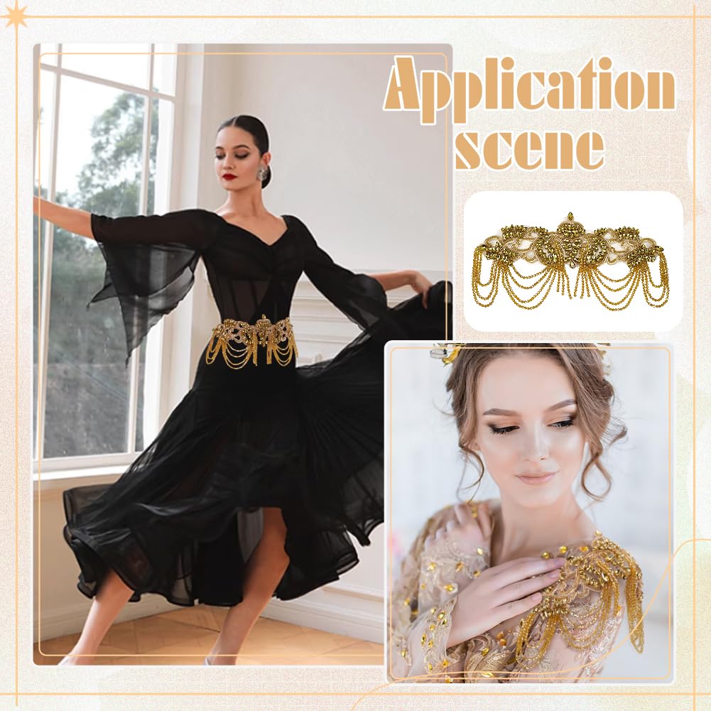 FINGERINSPIRE Strass Applikationsverzierung Mit Perlen 130x275x5.5mm Goldene Organza Blumenapplikation Mit Perlenkette Zum Aufnähen Strass Applikationen Für Hochzeitskleider DIY Zubehör Taillendekor