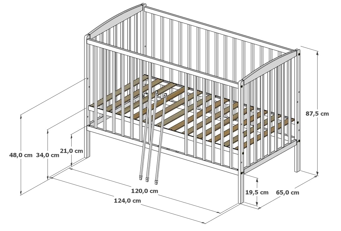 zee Cuna para Bebé 120 x 60 cm Blanca 2 en 1 Convertible en Cama Junior Altura Ajustable en 3 Niveles con Barandilla de Seguridad Madera de Pino