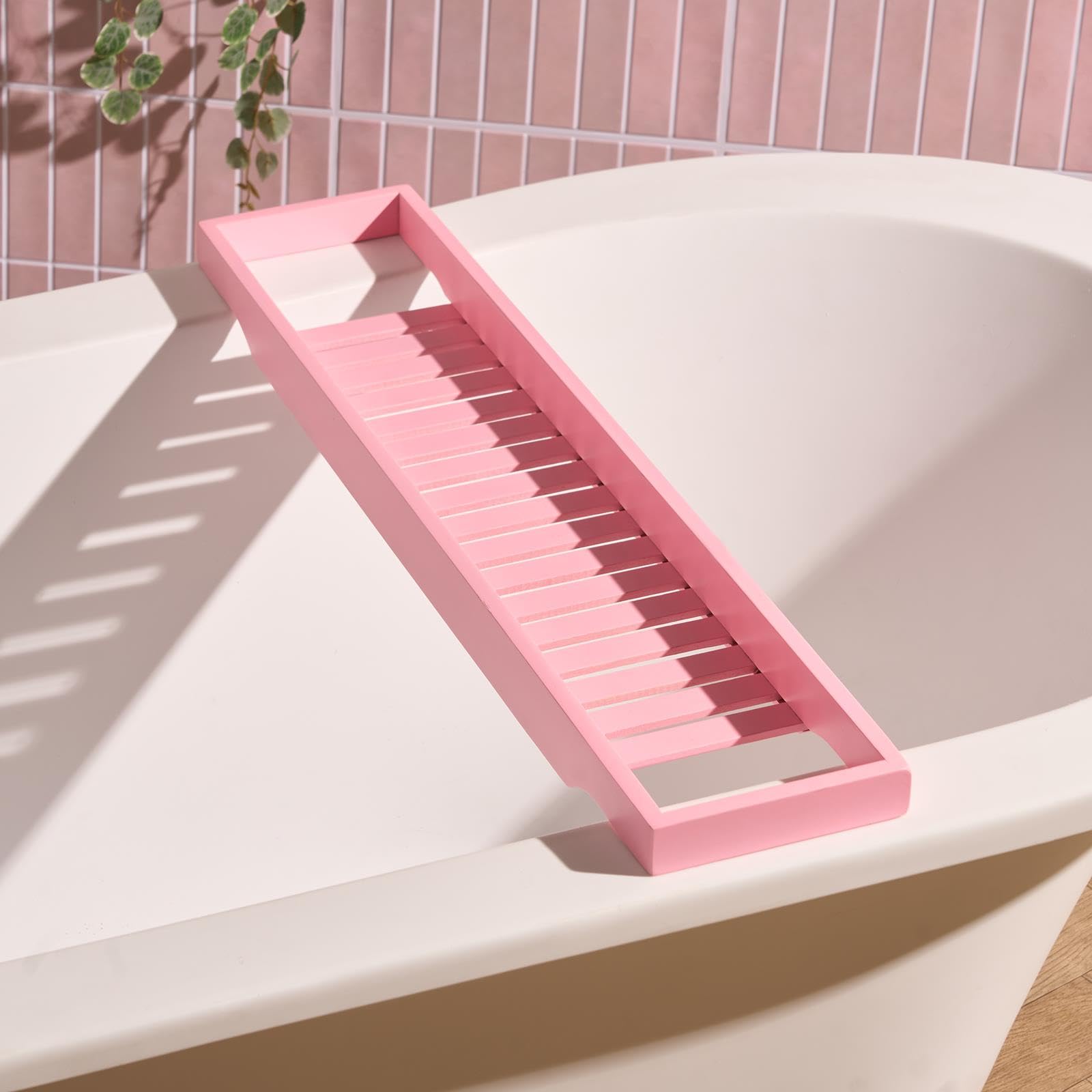 Ohs Pink Bath Shelf Over Bath, Wooden Bath Tray Home Spa Board For Adults Bamboo Bathtub Tray Bathroom Accessory Caddy Trays Baths Rack For Candles Wine Glass Accessories,