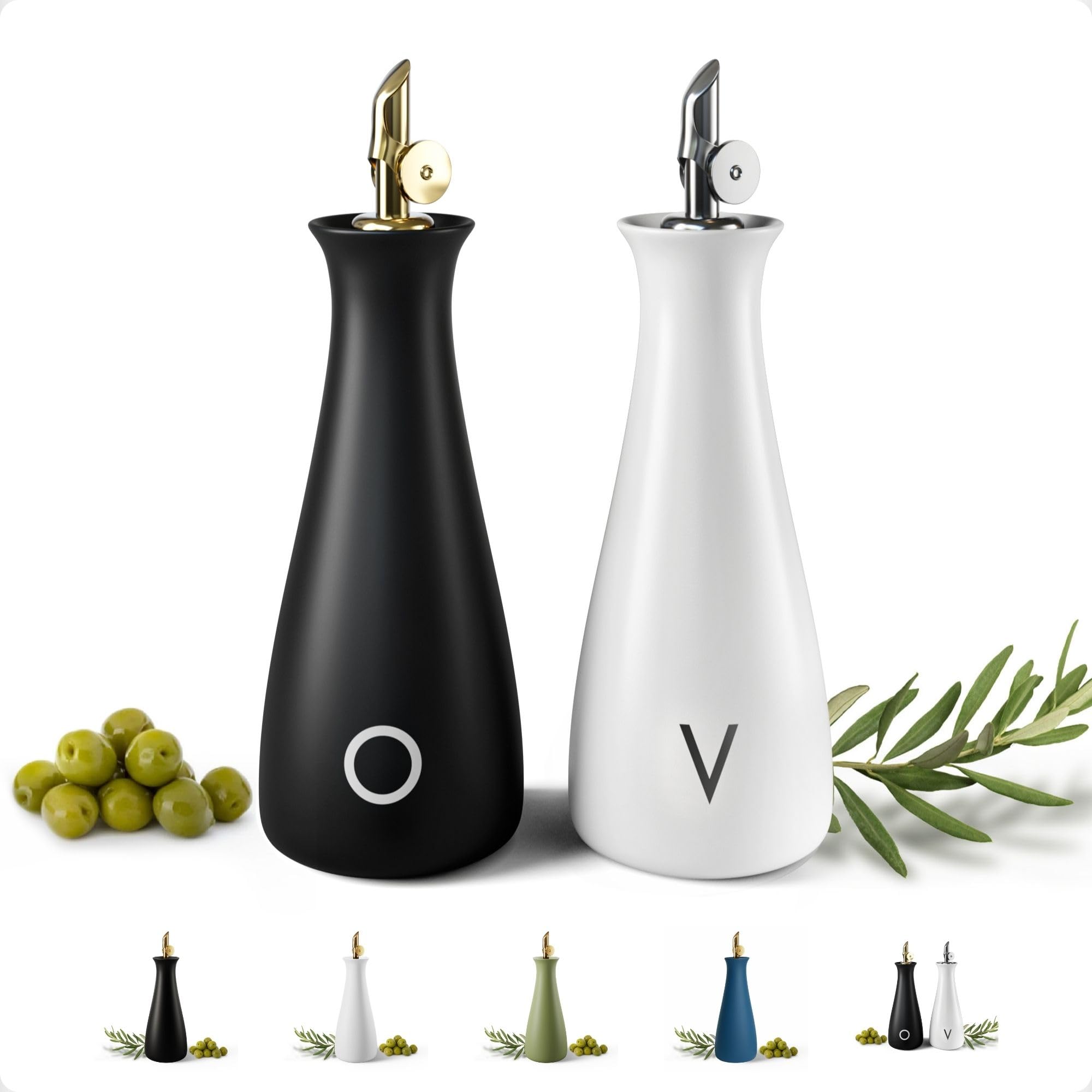 Zestaw dozowników oleju i octu z samozamykającymi się wylewkami ze stali nierdzewnej, pojemność 530 ml, matowa, ceramiczna, szczelna, EVOO i ocet, zestaw 2 butelek z dozownikiem oliwy z oliwek i octu