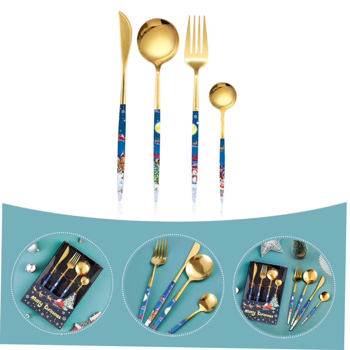 Alipis 4 Juegos De Cubiertos De Navidad Vajilla De Navidad Vajilla De Comida Tenedores De Cuchara De Navidad Cubiertos Suministros para Banquetes Kit De Cubiertos De Carne De Metal