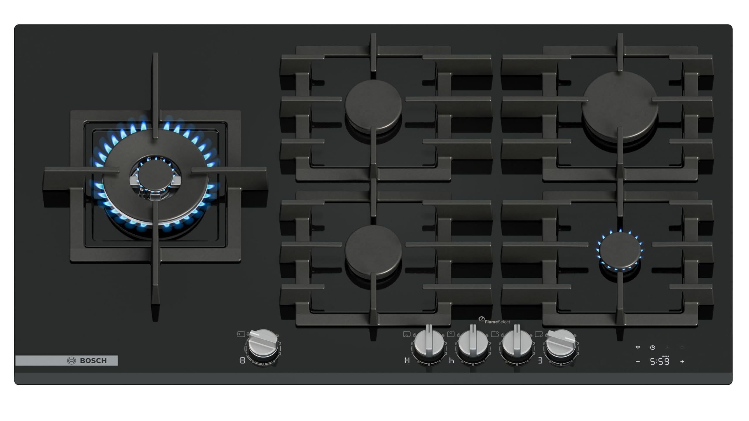 Bosch PRS9A6H40 Serie 8 Gaskochfeld, 90 cm, 9 FlameSelect Stufen, Touch Control, spülmaschinengeeignete Topfträger, Smart Hood Automatic, Home Connect, Sicherheits-Gasabschaltung, Schwarzes Hartglas