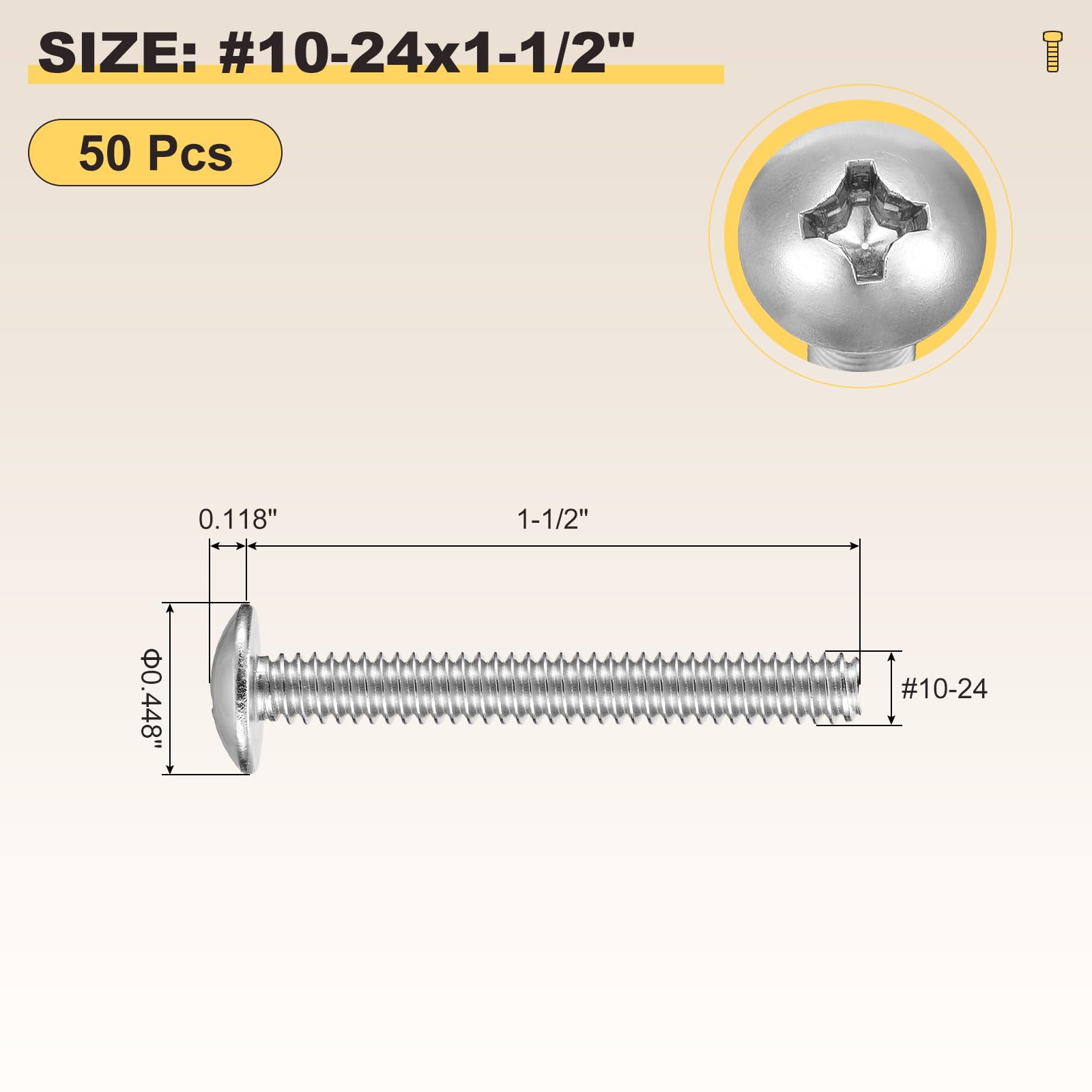 METALLIXITY Machine Screws Phillips Head(#10-24x1-1/2") 50Pcs, 304 Stainless Steel Round Head Phillips Drive Furniture Bolts - Image 2