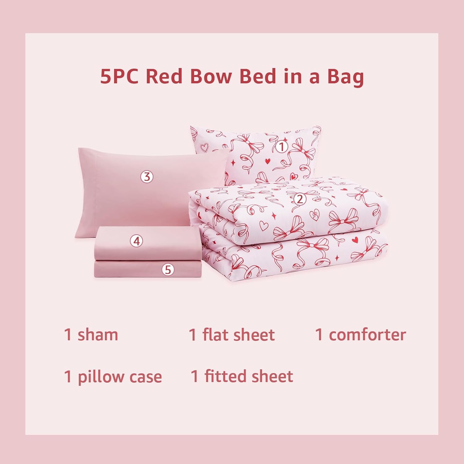 Twin XL Comforter Set for Girls, Red Bow Bedding Set Reversible with Cute Heart, All Season Kids Dorm Bed in a Bag 5 Pieces with Sheets, Pillowcase & Sham - Image 7