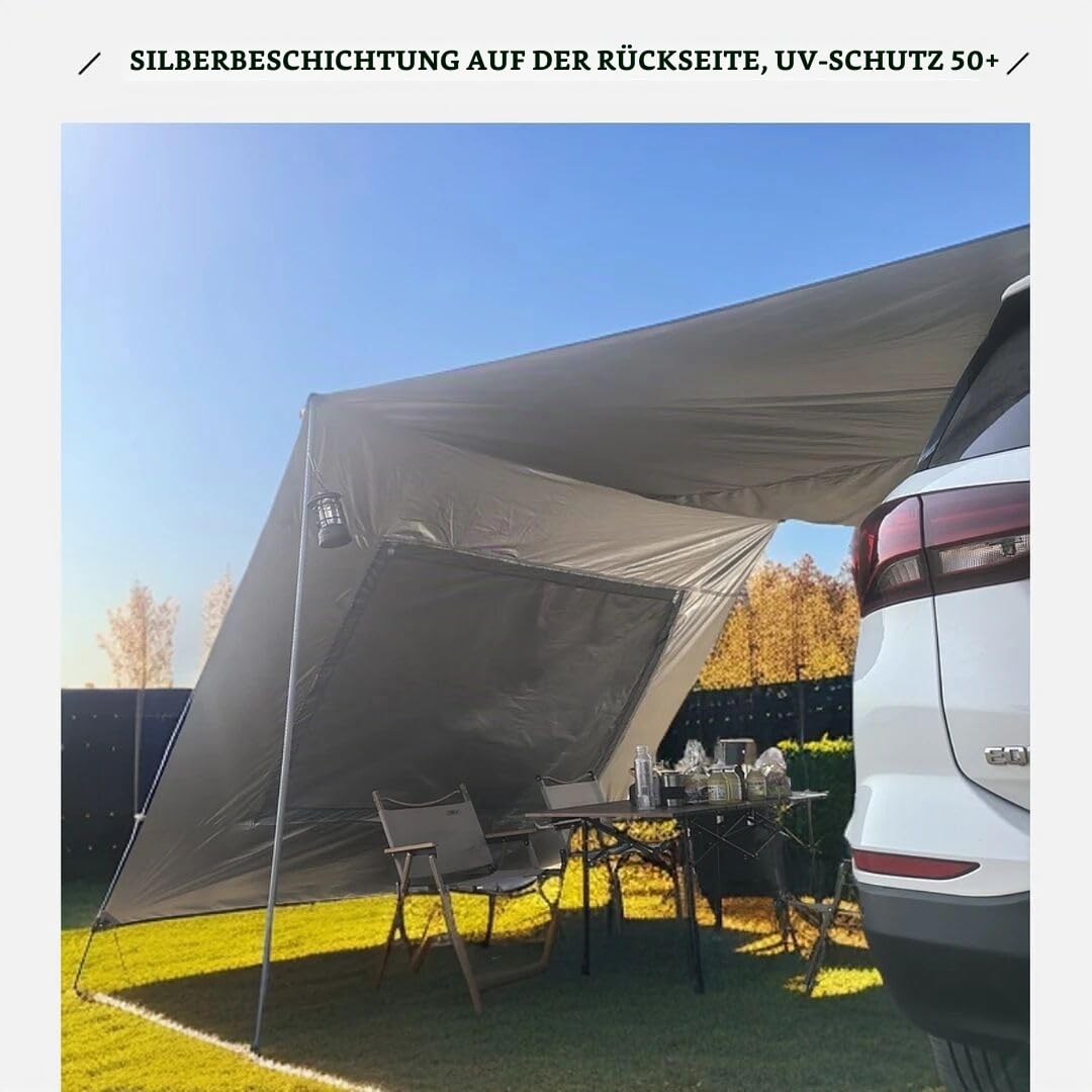 2.9x4.8 Wohnmobil Markise Van Wohnwagen Tür Vordach Wasserdicht und Sonnenschutz Heckklappe Sonnensegel Outdoor Camping Plane mit Stange Heckzelt (Schwarz, 3x5m)