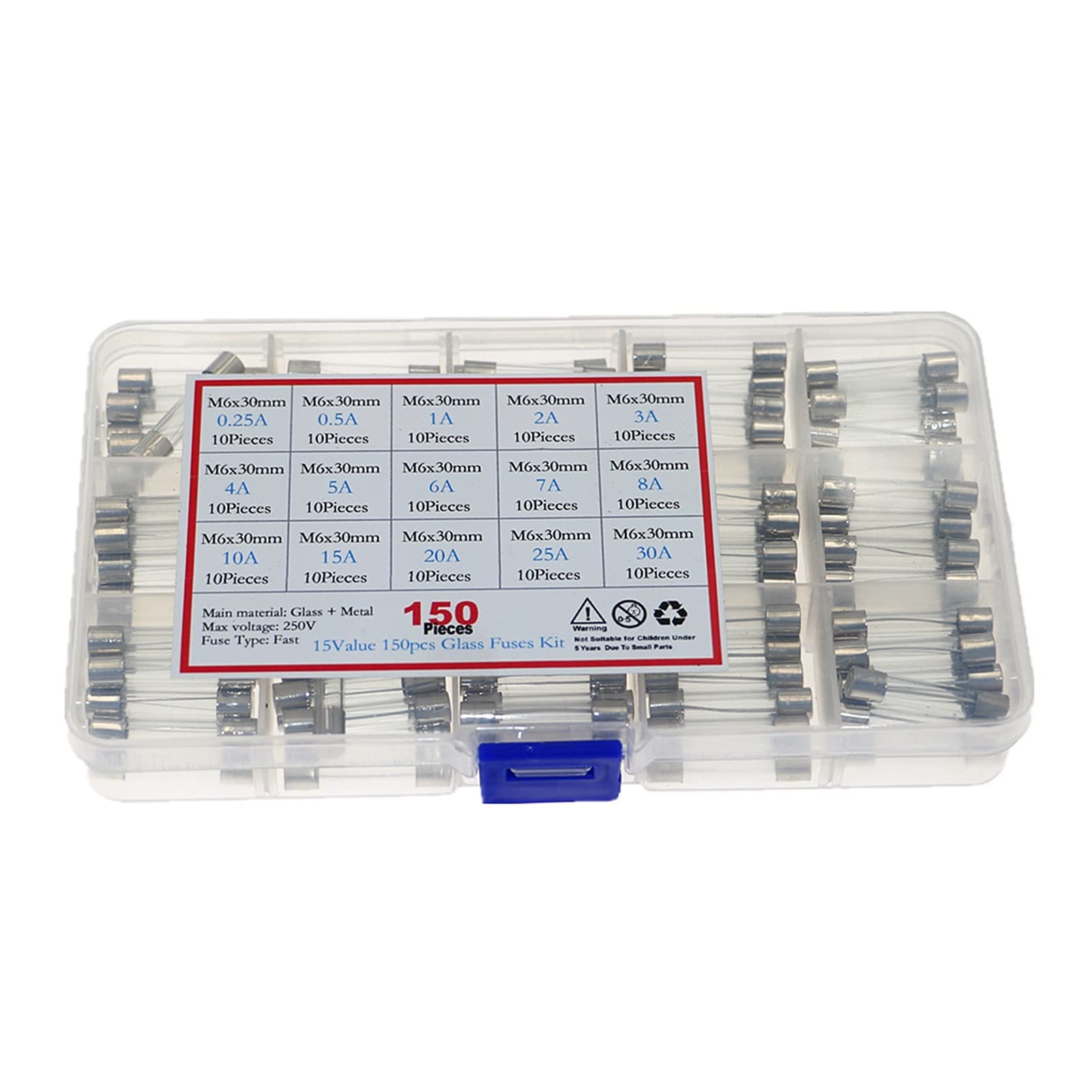 Sicherung, 150 Stück/Box, 6 x 30 mm, flinke Glassicherung, sortiertes Kit, 0,25 A, 0,5 A, 1 A, 2 A, 3 A, 4 A, 5 A, 6 A, 7 A, 8 A, 10 A, 15 A, 20 A, 25 A, 30 A