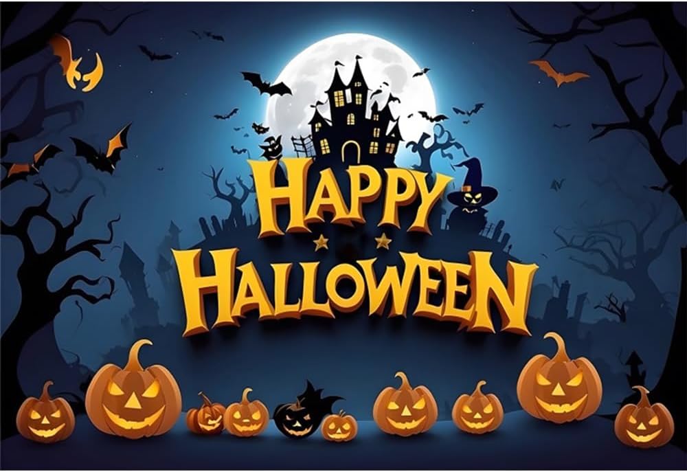 ハッピーハロウィン写真背景幕 10x7フィート 怖いハロウィーンの夜 写真撮影の背景 満月 城 コウモリ パンプキン ランタン ハロ