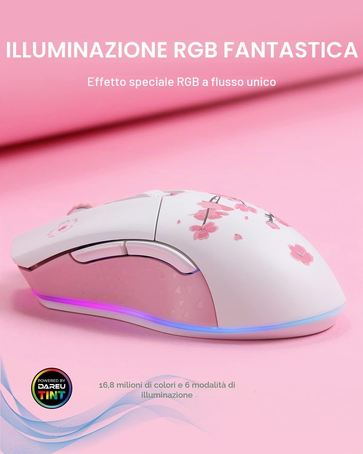 DAREU Sakura Mouse Wireless Gaming Rosa, 2 mode con 6 pulsanti programmabili, 10K DPI, RGB e 7 livelli DPI regolabili fino a [150 IPS] [frequenza di polling 1000 Hz] per PC, notebook e Mac