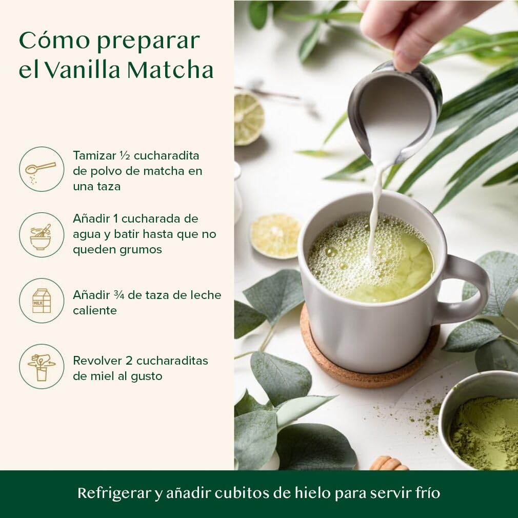 VAHDAM Polvo de Matcha Vainilla 100g-50 Tazas | Matcha Uji & Vainilla de Madagascar | 100% Natural | Té Verde Japonés Premium | Para Latte & Té