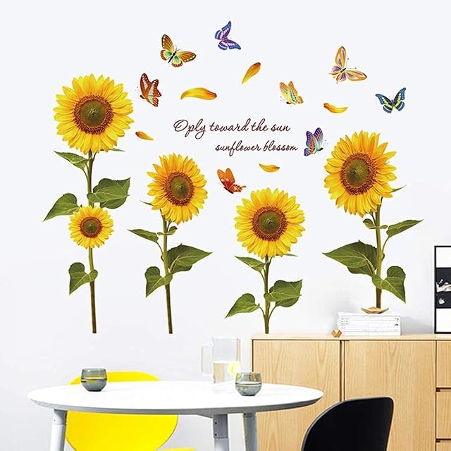 Tanlaby Sunflower Wall Decals Colorful Butterfly Wall Stickers Yellow Flower Floral Wall Decor Sticker DIY Removable Vinyl Wall Art Murals Decal for Bedroom Living Room TV Wall Kitchen Home Décor