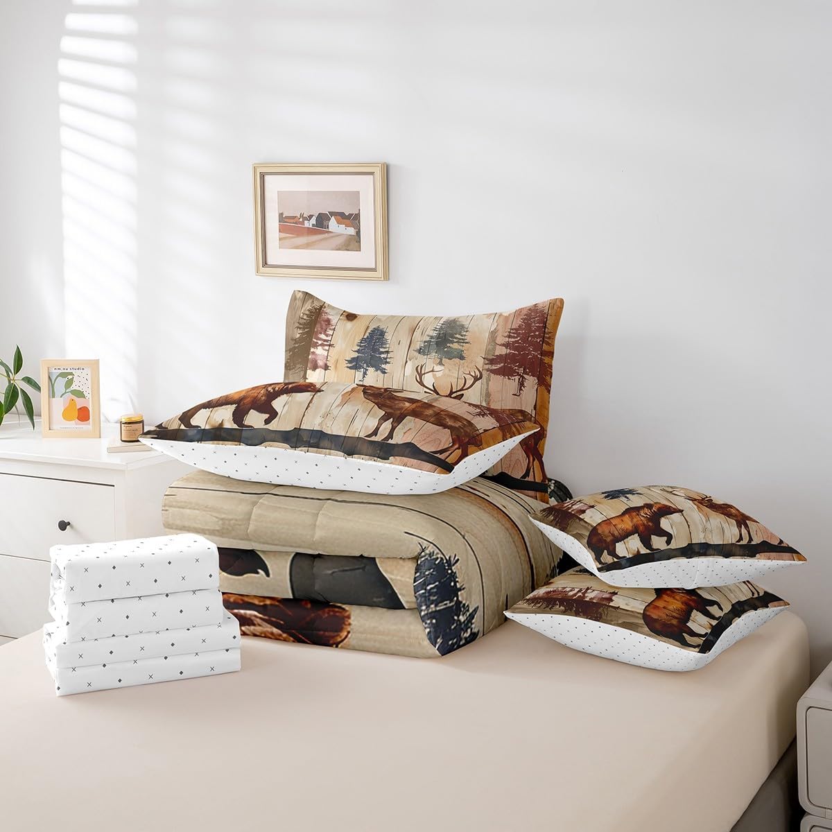 Deer Bear Elk Comforter Set with Sheets Twin Size, Farmhouse Lodge Bed in a Bag 7 Pieces Farm Forest Cabin Bed in a Set Wildlife Animal Comforter 7 PCS