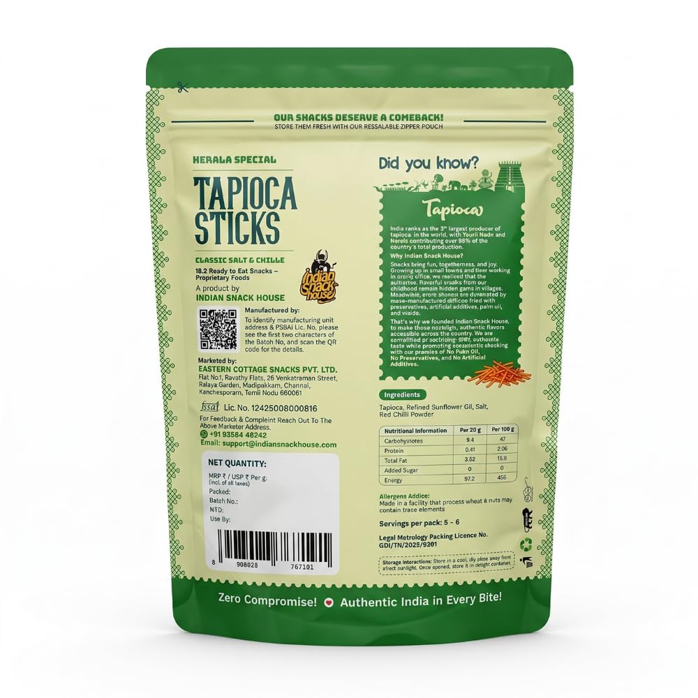Indian Snack House Kerala Tapioca Stick Chips 100g (Pack of 3) | Crispy Kappa Chips | Authentic South Indian Snack | No Preservatives | No Artificial Colours | Traditional Tea-Time Favourite 1