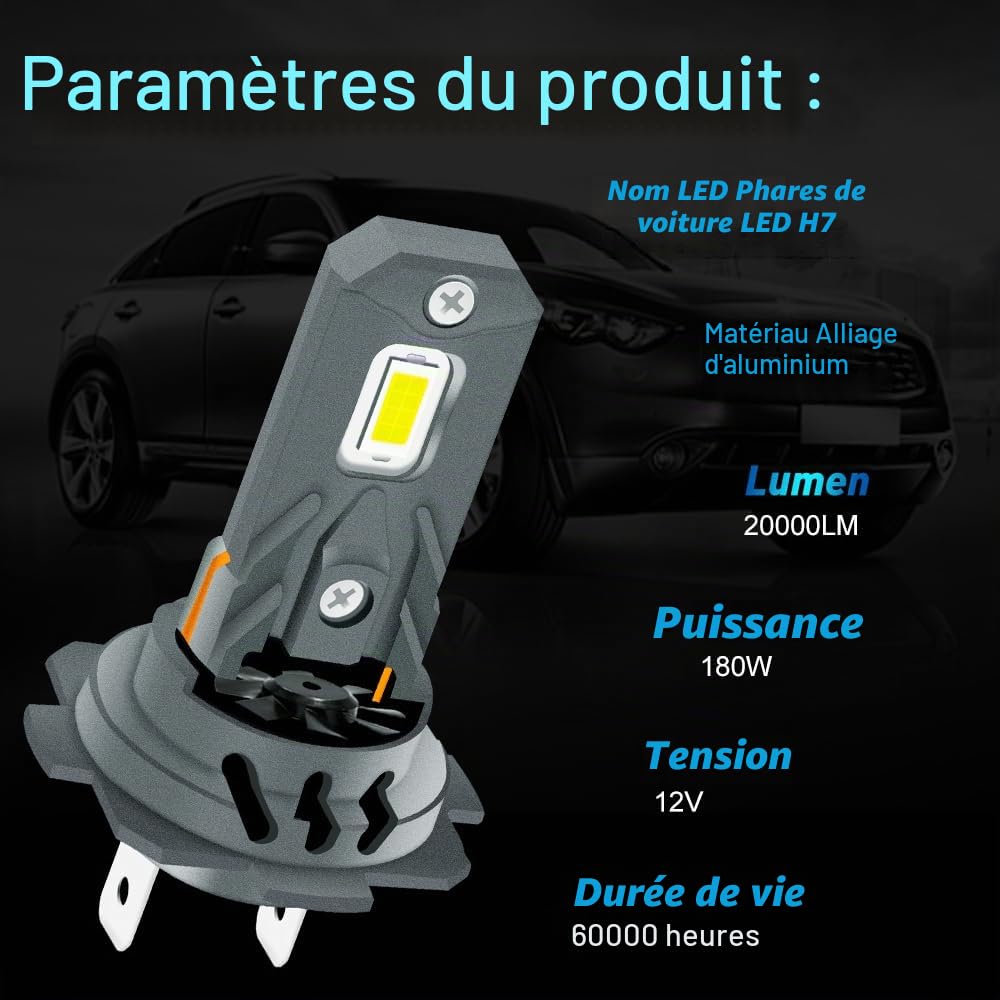 Ampoule H7 LED 180W 20000LM 6000K Xenon Blanc 1:1 Mini Taille Ampoule de Phare Extérieur de Voiture Canbus Sans Erreur avec Ventilateur Super Lumineux IP68 Etanche à l'eau Plug and Play 12V 2Pcs