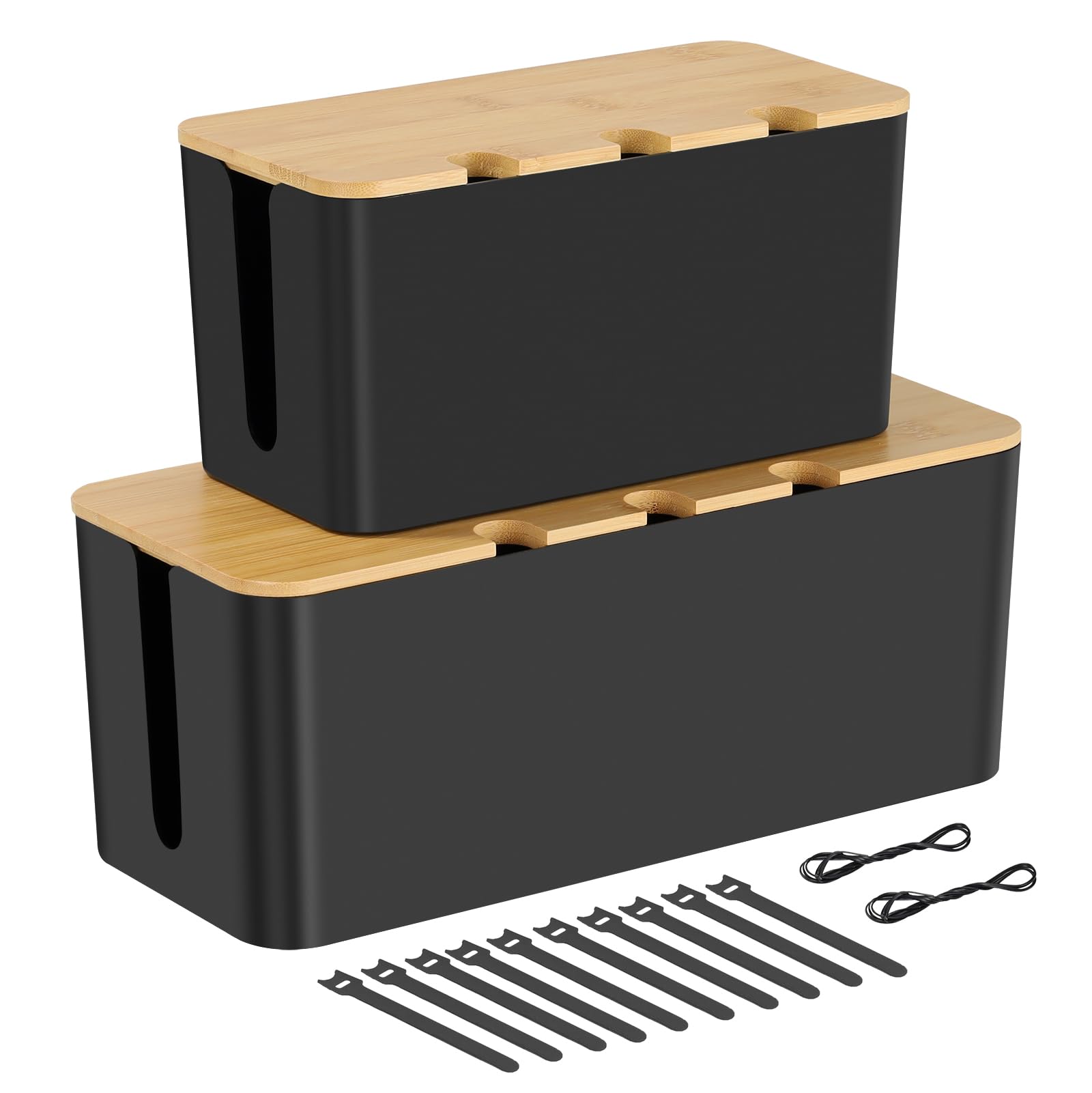 BEZORR Set of 2 Cable Tidy Box, Cables Management with Reusable Ties Straps, Cable Organizer Box for Desk, Cord Storage Management with Lid,for Hiding Electric Wire Cord, Power Strip, Extension Lead