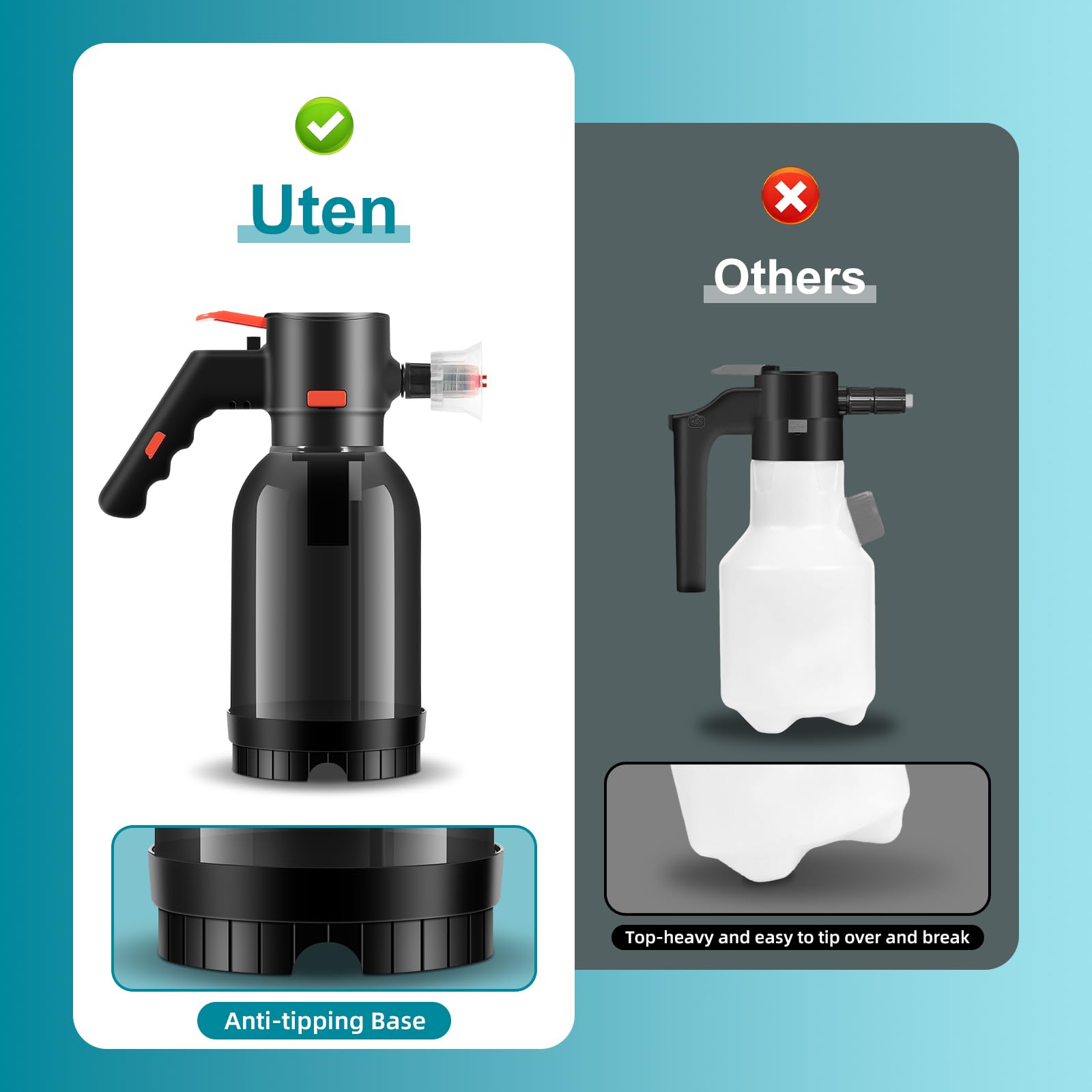 Pulvérisateur Électrique de Mousse 2L, Uten Pulvérisateur à Pression sans Fil Rechargeable pour Lavage Voiture, Jardin & Maison, Génération de Mousse Puissante