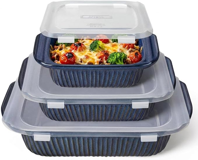 Artena Casserole Dishes For Oven, Ceramic Baking Dish, Large Lasagna Pan With Handles, Baking Pan Casserole Dish, Rectangular Bakeware Deep, Set Of 3 (5.1Qt/2.3Qt/1.1Qt) (Blue - Baking Dish With Lids)