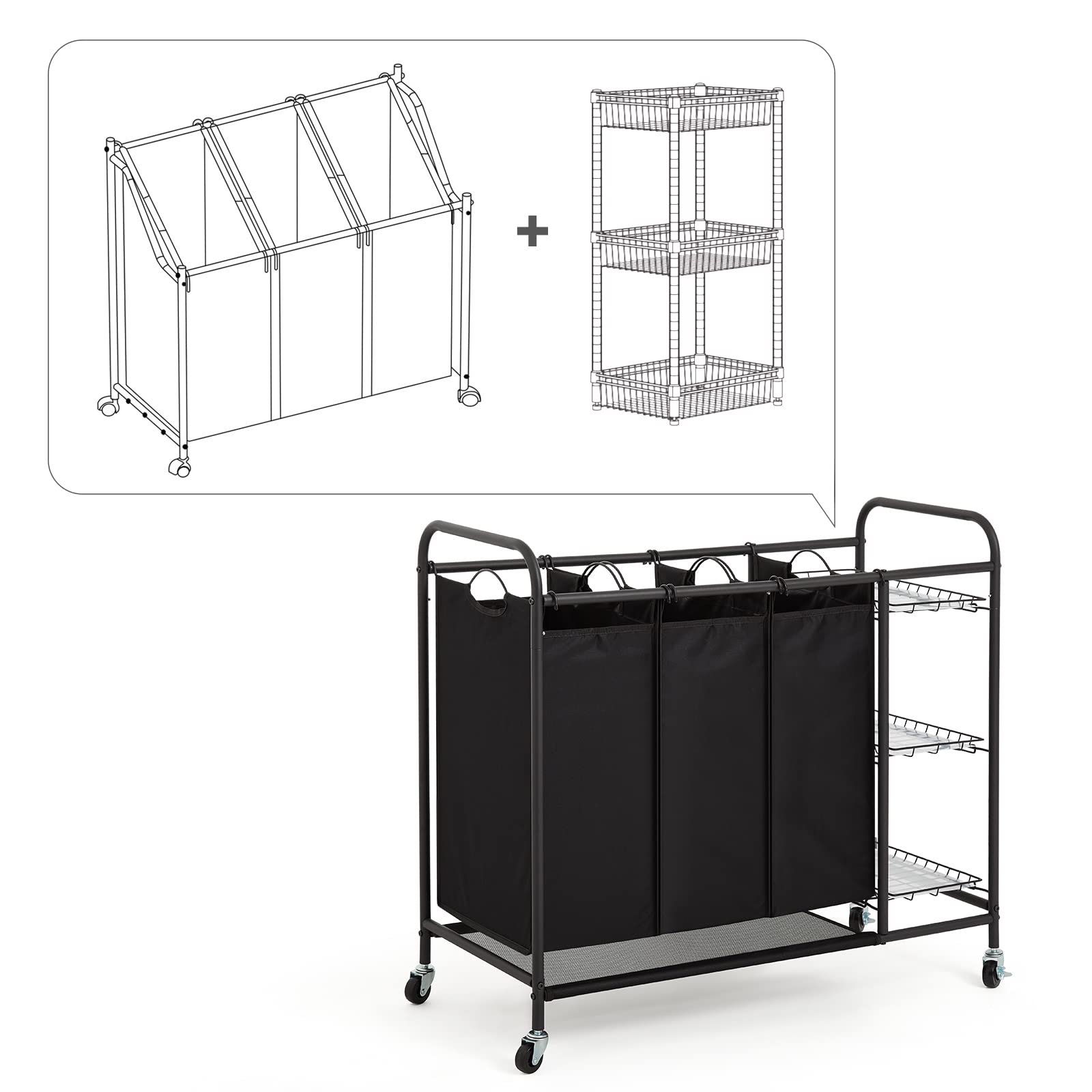 Meerveil Carrello Porta Biancheria con 3 Sacchi Rimovibili, Ceste per Bucato con Rotelle Universali