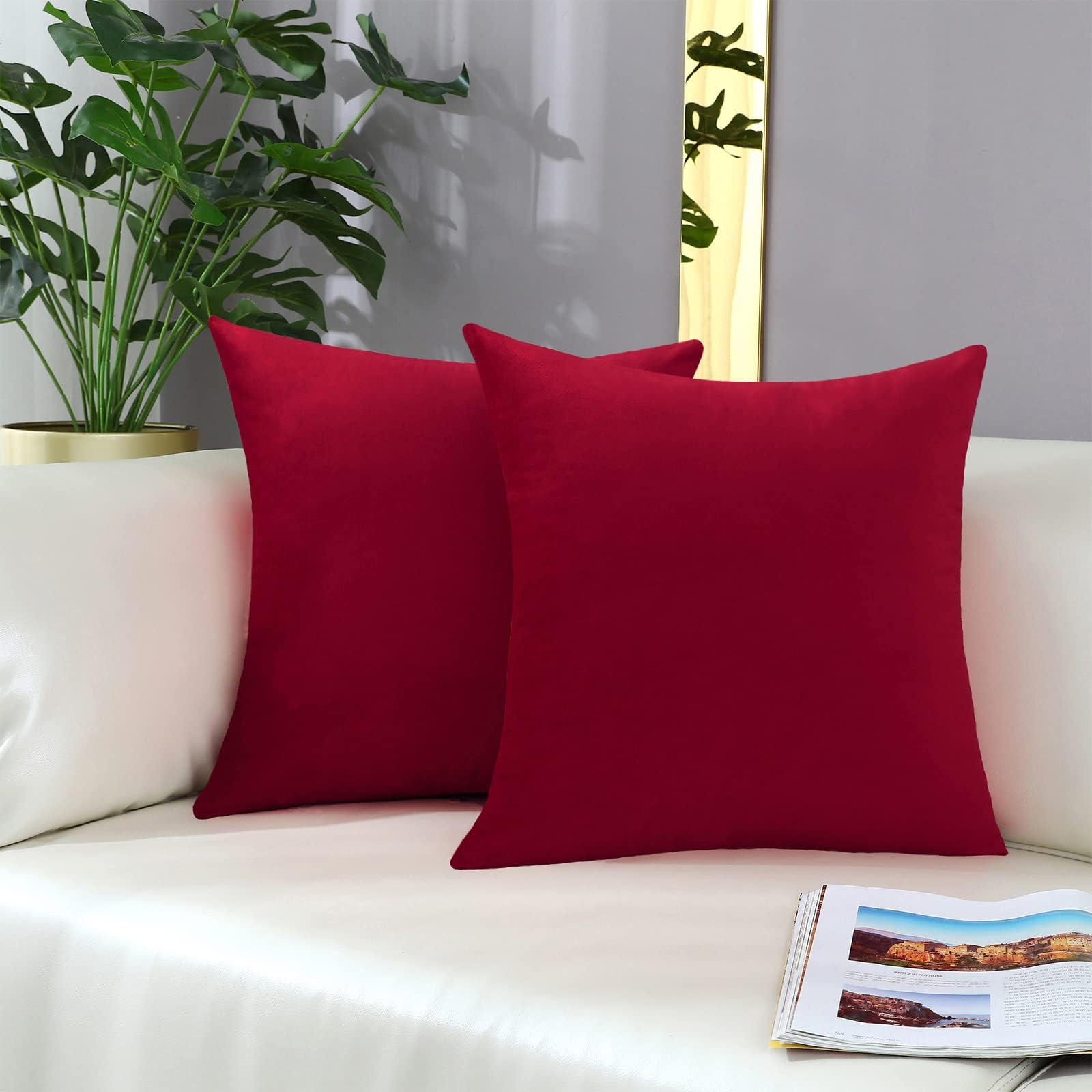 mixeoo Comfy Christmas Red Throw Pillow Covers Decorative Square Solid Thick Velvet Super Soft Cushion Cases Home Decor for Sofa Couch Living Room Chair, Set of 2, 14 x 14 Inch