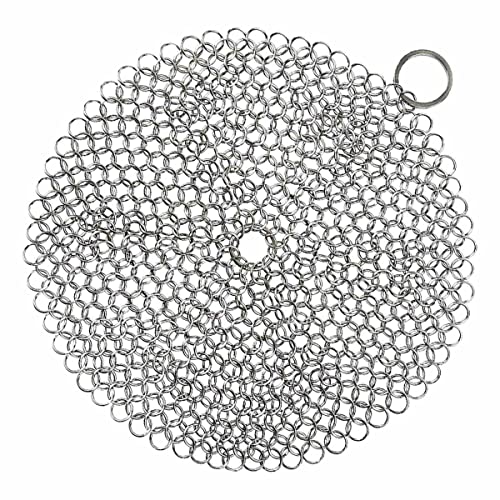 Cast Iron Cleaner Cosmer XL 7x7 inch Premium Stainless Steel Chainmail Scrubber with Bonus Silicone Hot Handle Holder + Pan Scraper + Grill Scraper + Kitchen Towel + Wall Hook (Round)