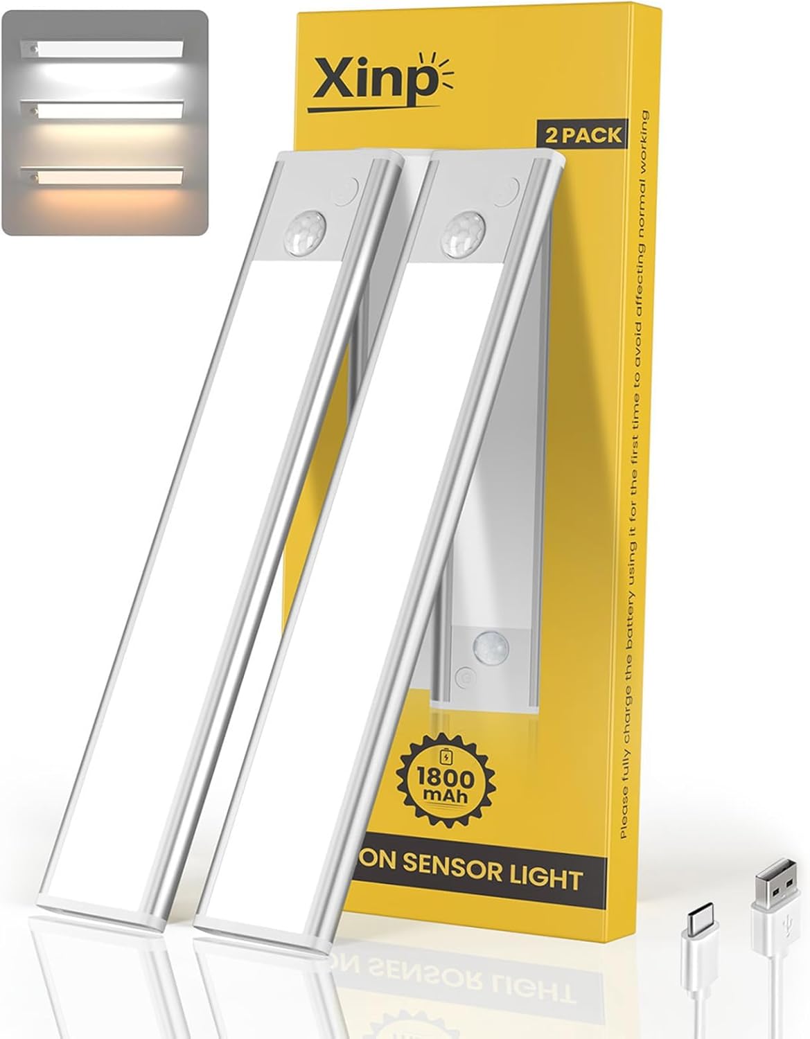 Under Cabinet Lighting, 3 Color Magnetic Motion Activated Under Cabinet Lights, Rechargeable Closet Lights 1800mAh Battery Operated, Wireless Dimmable Under Counter Lights for Kitchen,Hallway 2 Pack