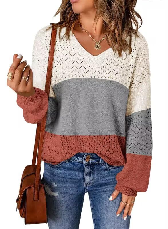 JOCAFIYE Womens Sweaters Casual Long Sleeve V Neck Pullover Sweater Tops