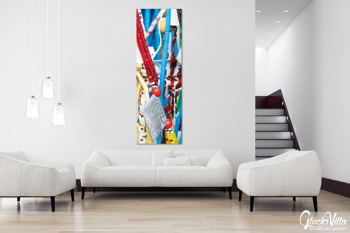 Glücksvilla - Ketten 3 (Leinwand-Bild 2 cm, 60 x 20 cm) | div. Maße - aus DE - Kunstdruck XXL Deko Wandbild quer - Schmuck Kunst Afrika Perlen bunt Silber Trödel