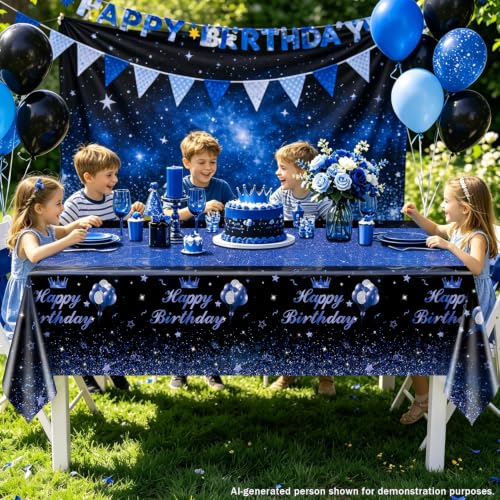 Image of 4 Pcs Happy Birthday Black and Blue Party Tablecloths - Blue Black Party Decorations Plastic Tablecloth Rectangular Table Covers for Boy Girl Baby Shower Birthday Table Supplies, 51 x 86.6 Inch